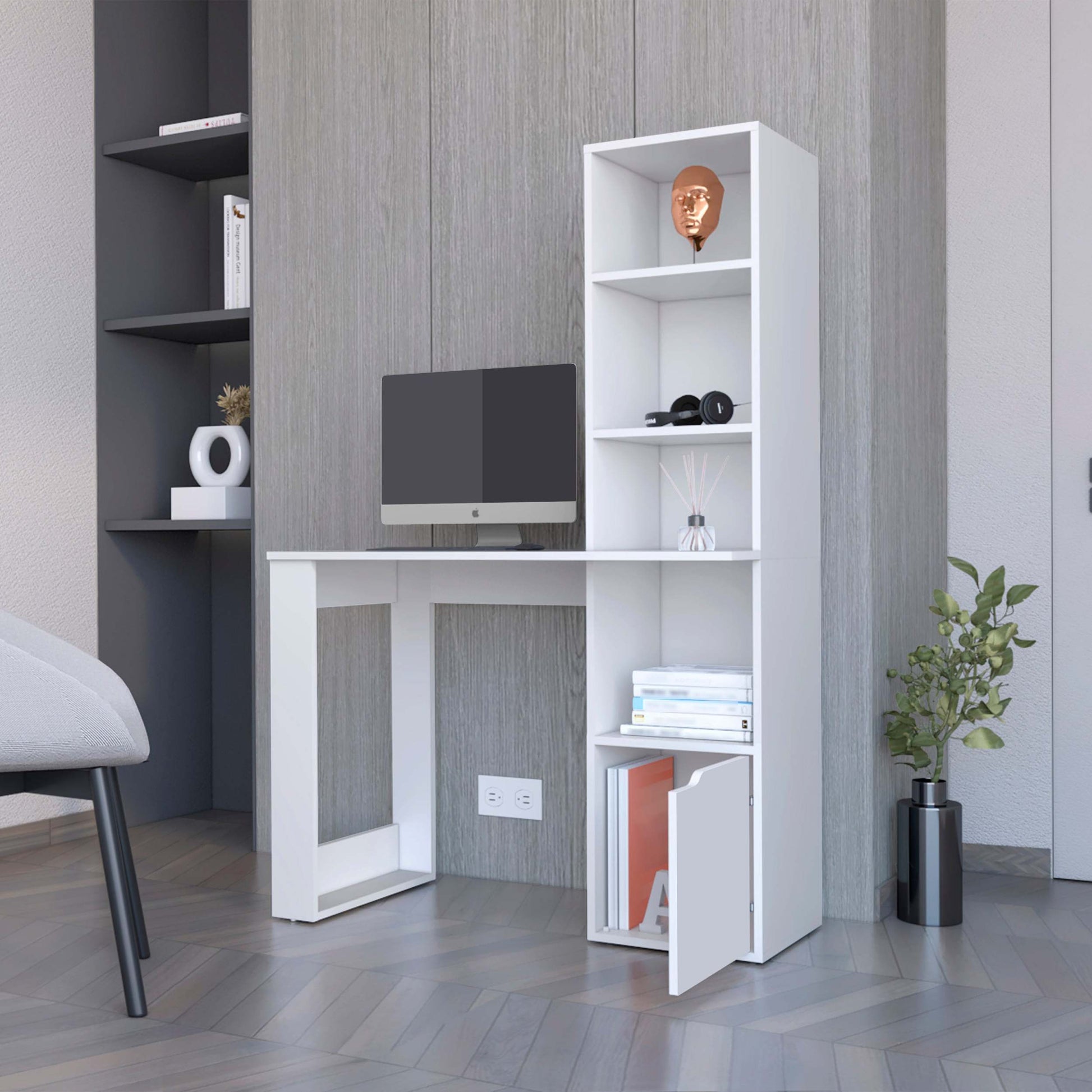 White Computer Desk With 4 Tier Bookcase And 1 Door Cabinet White Engineered Wood