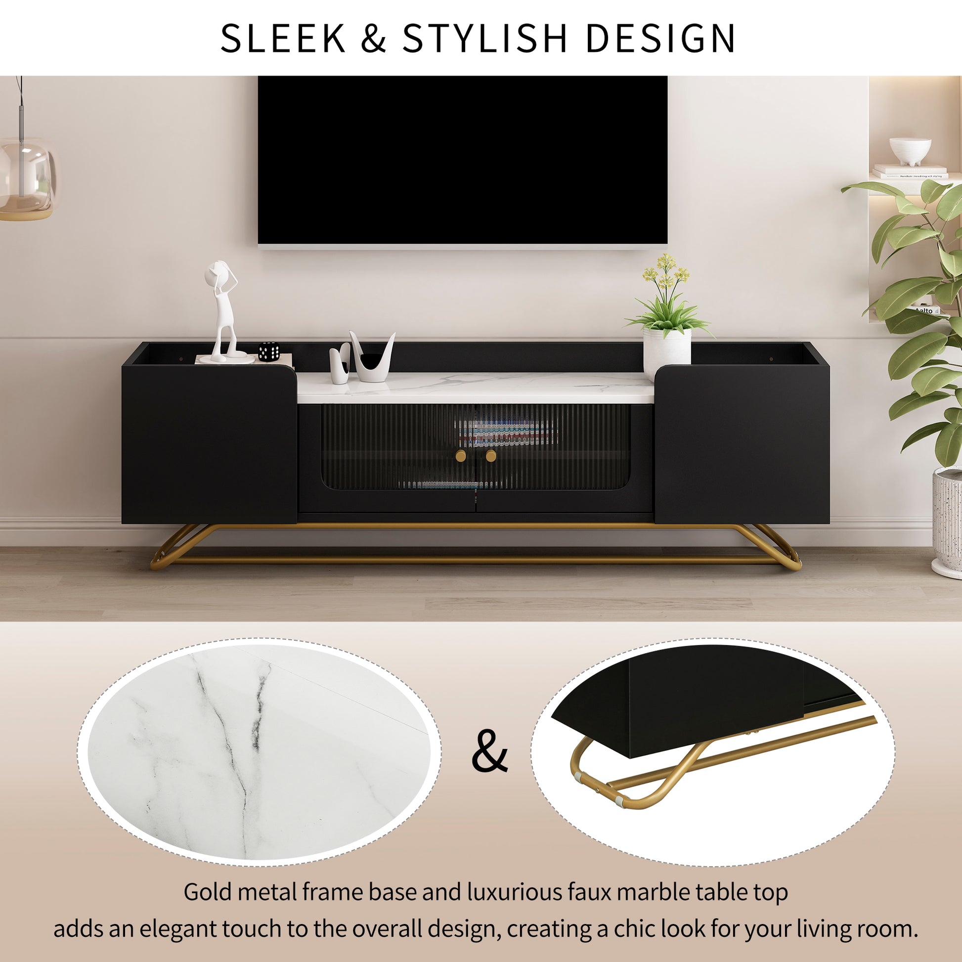 Sleek Design Tv Stand With Fluted Glass, Contemporary Entertainment Center For Tvs Up To 70", Faux Marble Top Tv Console Table With Gold Frame Base, Black Black Primary Living Space 70 79 Inches 70 79 Inches Modern 70 Inches Particle Board