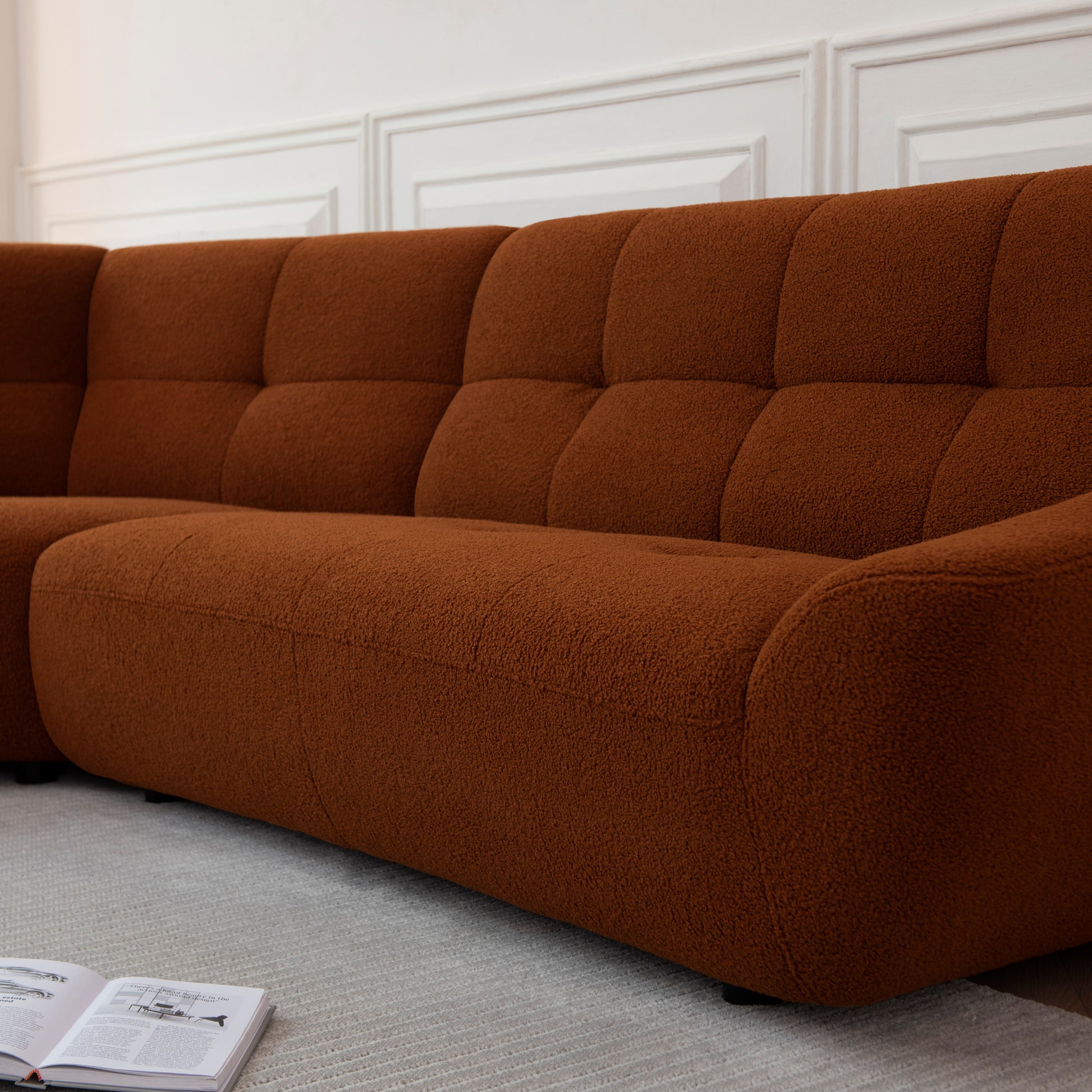 113"Large Lamb Fabric Sofa, Modern Corner Sectional Sofa With Tufted Seat Upholstered, Tool Free Assembly. Dark Orange Orange Sherpa 5 Seat
