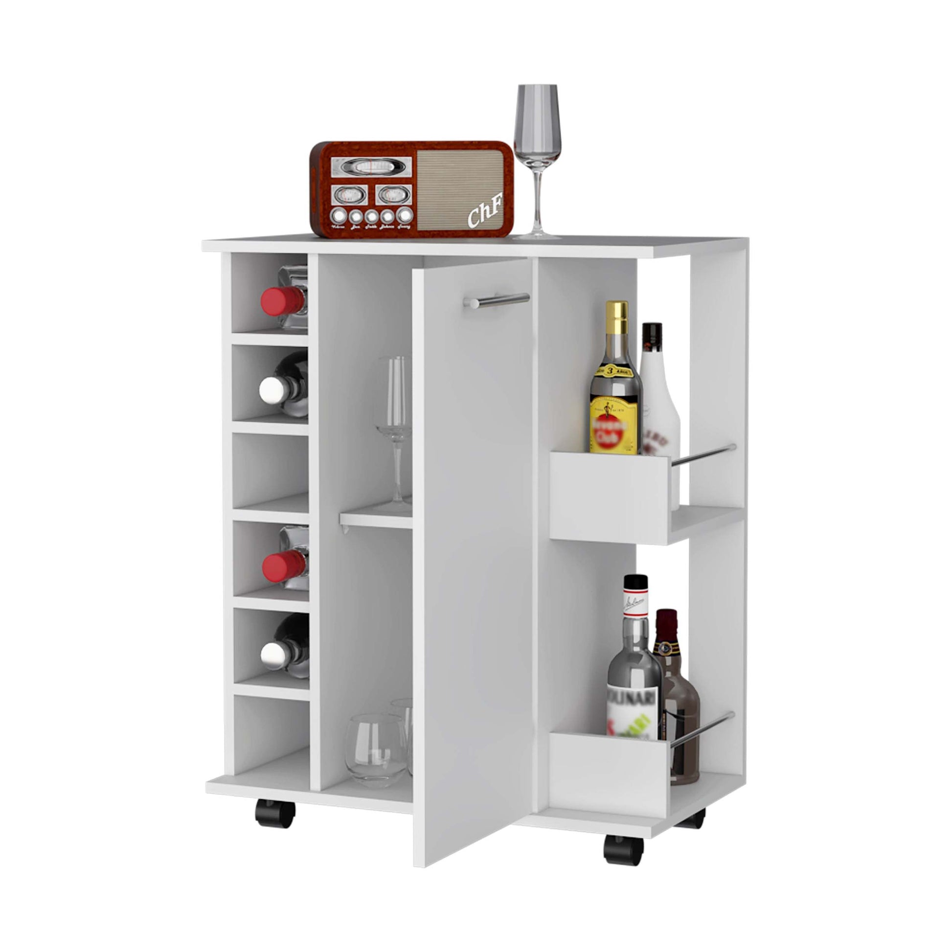 Woodland Bar Cart With Casters, Wine Rack And Open Shelf White White Engineered Wood