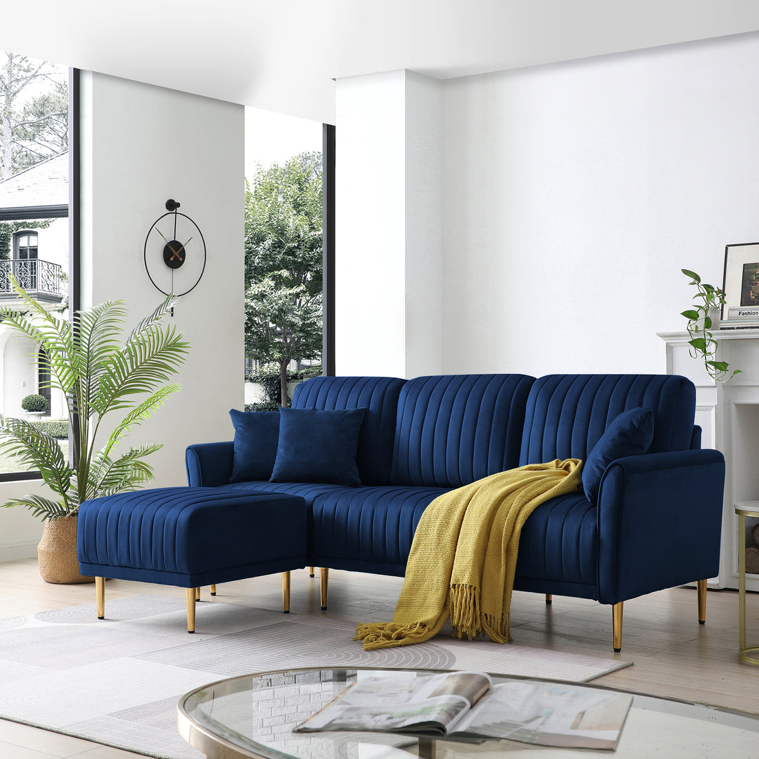 Modern Velvet Upholstered Reversible Sectional 3 Seat Sofal Shaped Couch With Movable Ottoman And Gold Legs For Living Room Blue Blue Foam Velvet