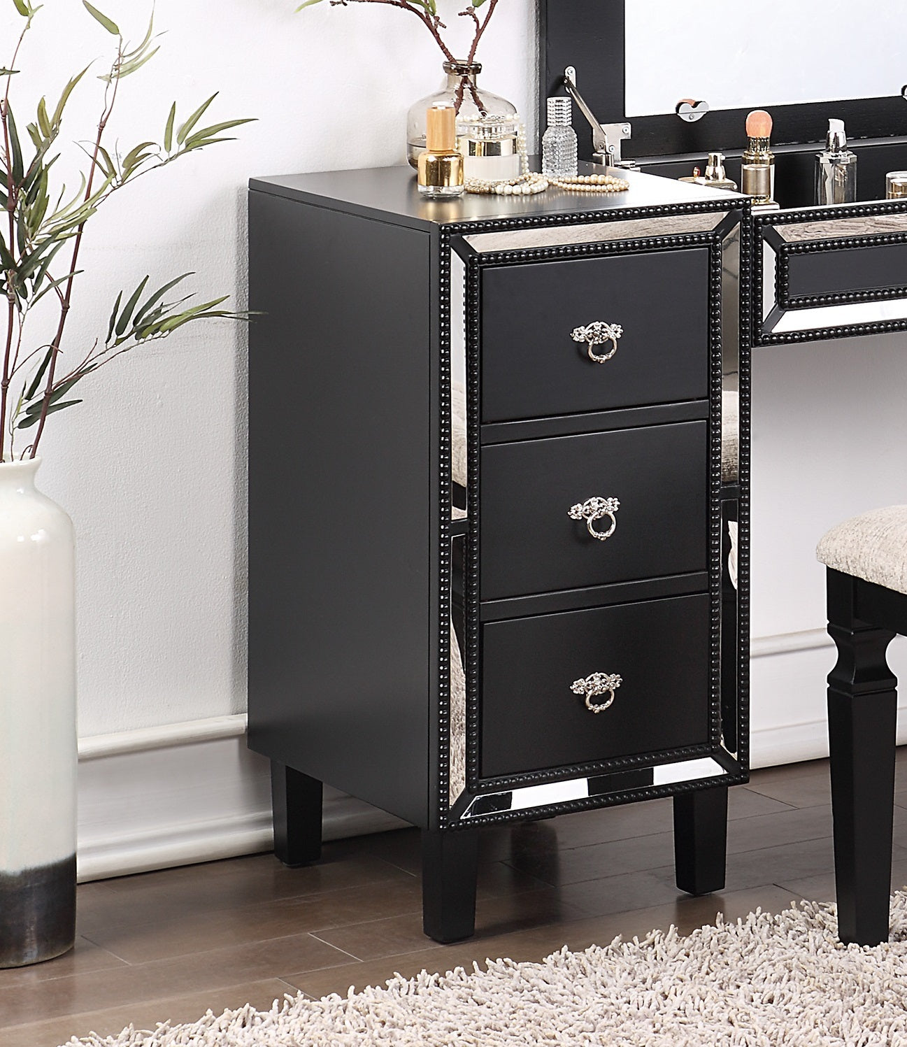 Traditional Formal Black Color Vanity Set W Stool Storage Drawers 1Pc Bedroom Furniture Set Tufted Seat Stool Black Bedroom Traditional Poplar Rubber Wood