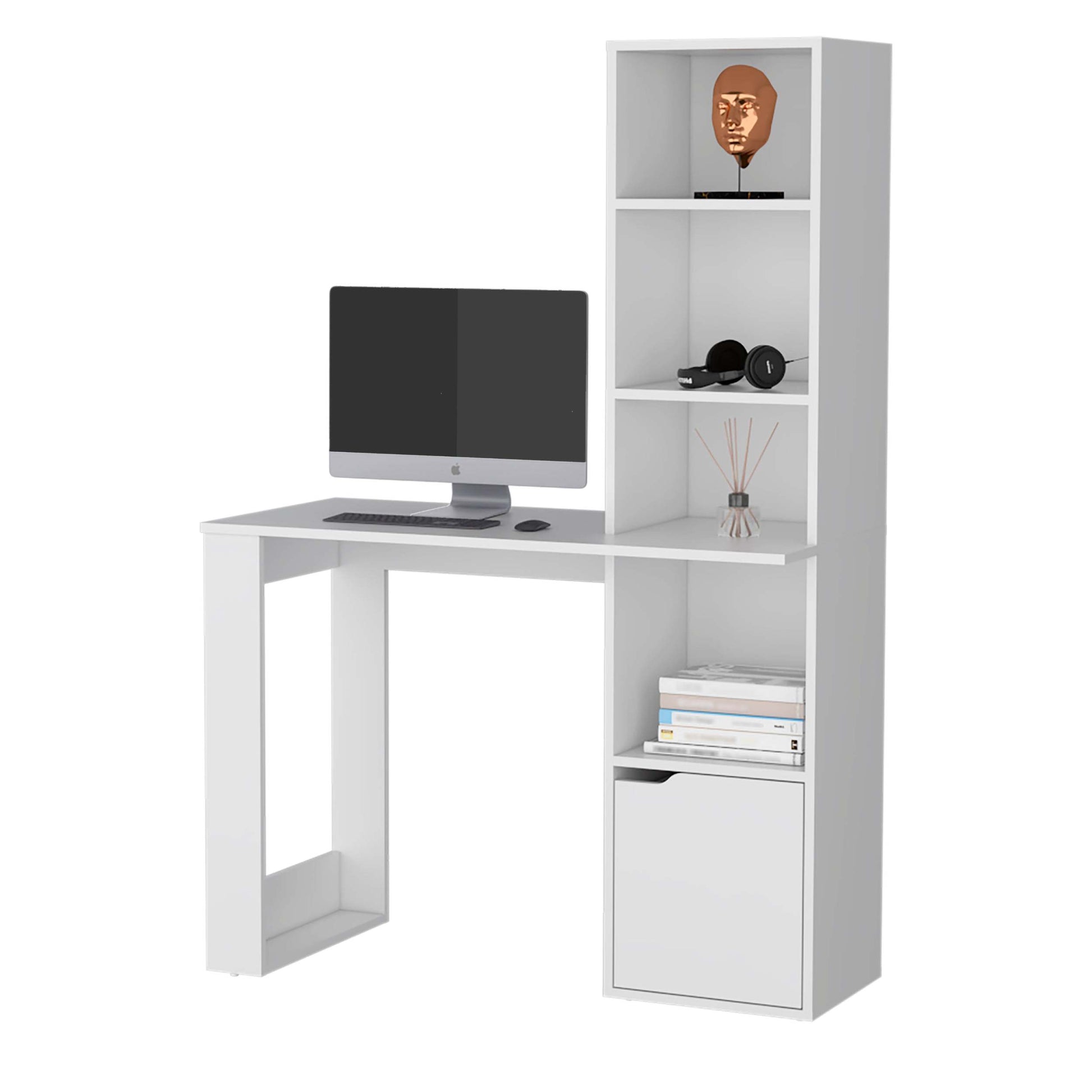 White Computer Desk With 4 Tier Bookcase And 1 Door Cabinet White Engineered Wood