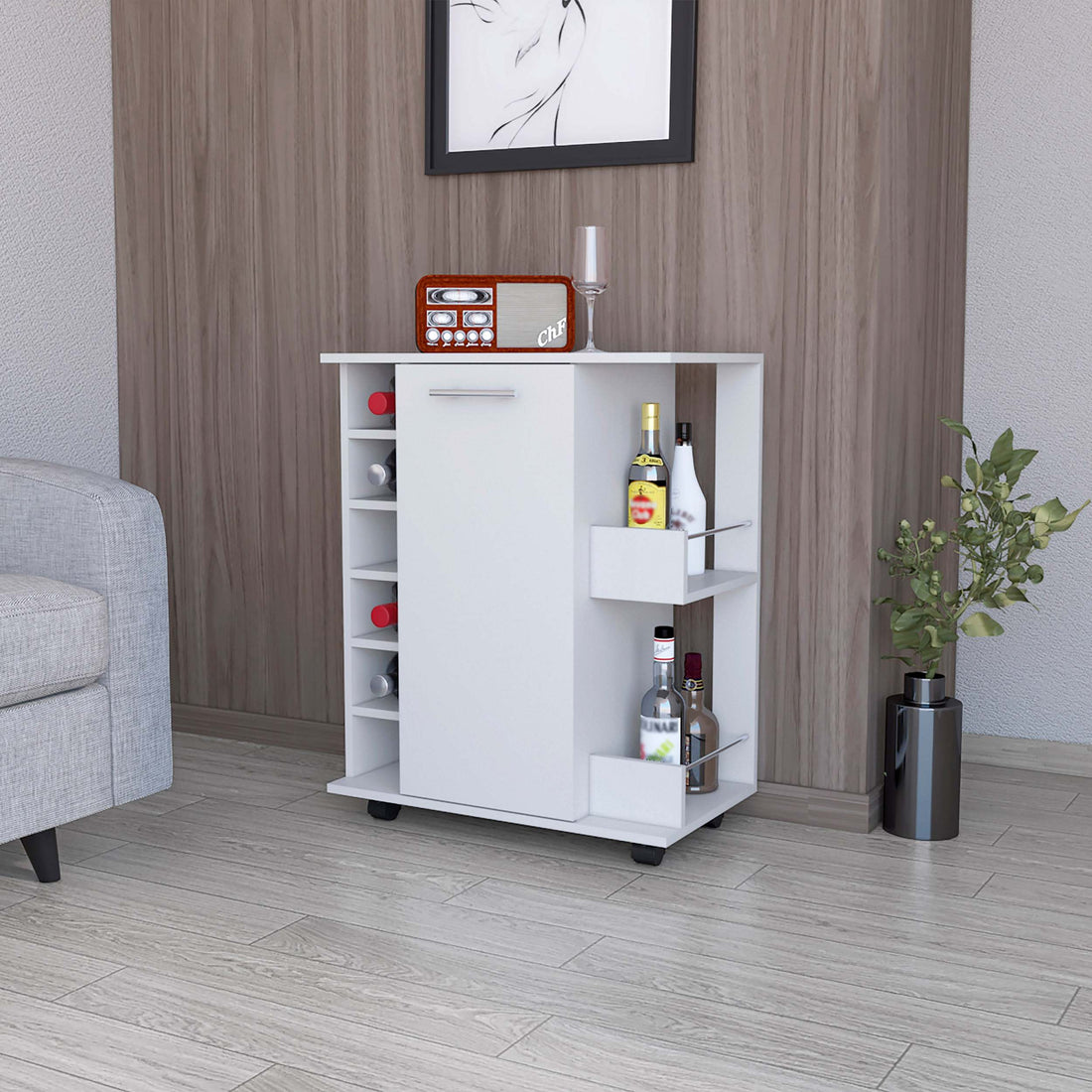 Woodland Bar Cart With Casters, Wine Rack And Open Shelf White White Engineered Wood