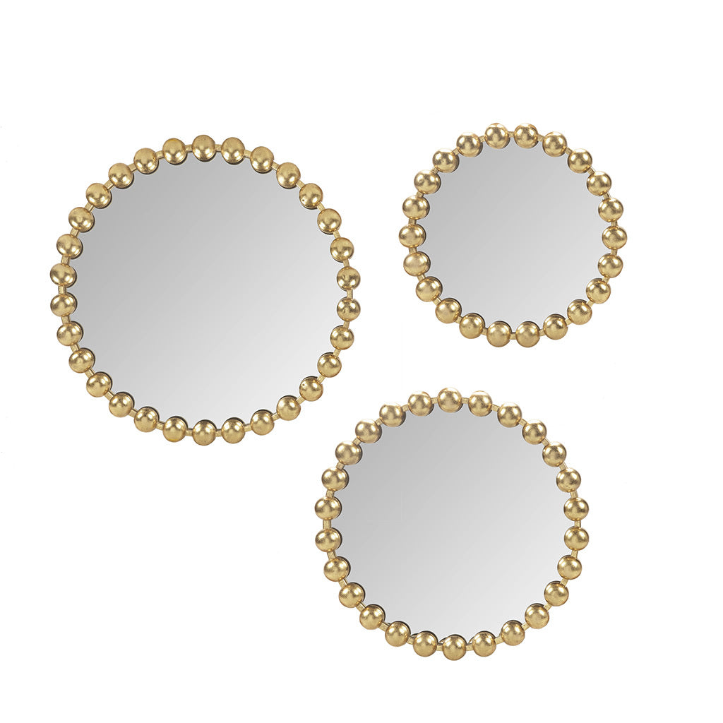 Gold Beaded Round Wall Mirror 3 Piece Set Gold Mdf