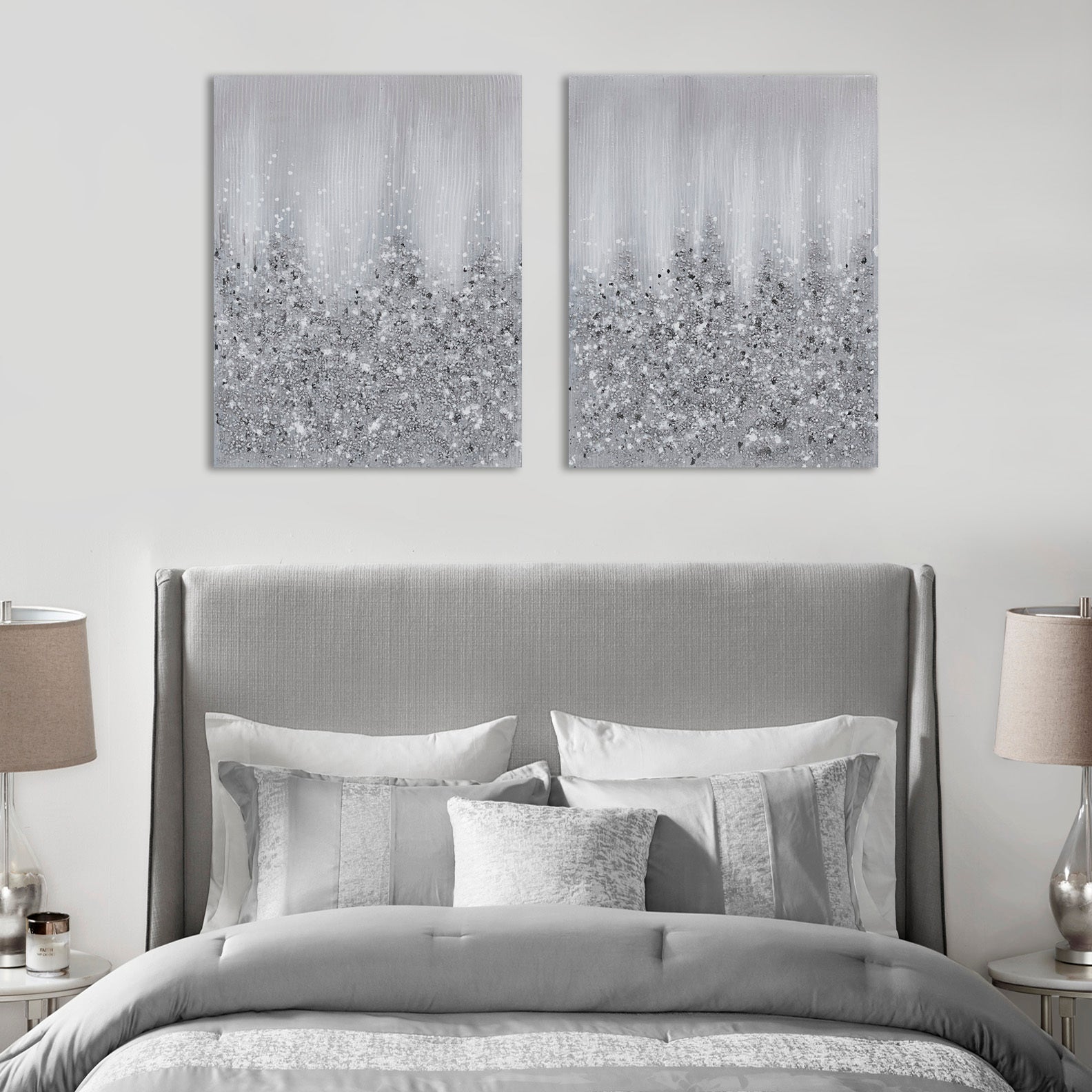 Heavily Embellished 2 Piece Canvas Wall Art Set Silver Mdf