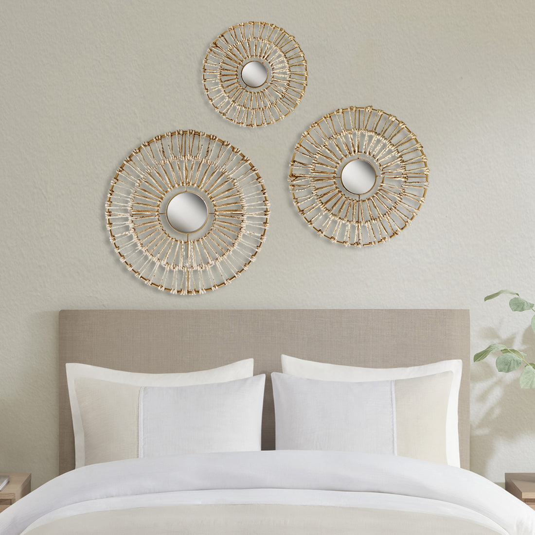 Round Natural Fiber And Mirror 3 Piece Wall Decor Set Neutral Metal