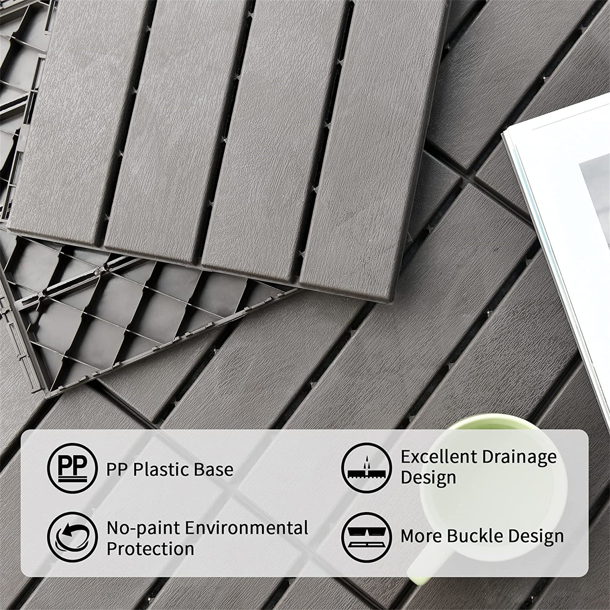 Patio Interlocking Deck Tiles, 12"X12" Square Composite Decking Tiles, Four Slat Plastic Outdoor Flooring Tile All Weather For Balcony Porch Backyard, Dark Gray, Pack Of 9 Dark Gray Plastic