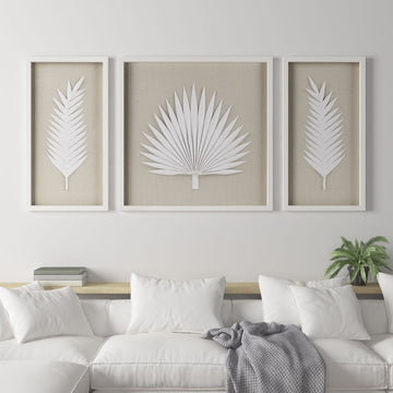 Framed Rice Paper Palm Leaves 3 Piece Shadowbox Wall Decor Set Off White Mdf