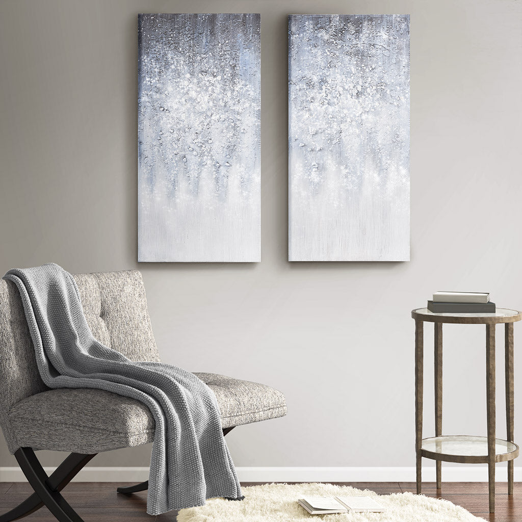 Heavily Embellished 2 Piece Canvas Wall Art Set White Blue Acrylic