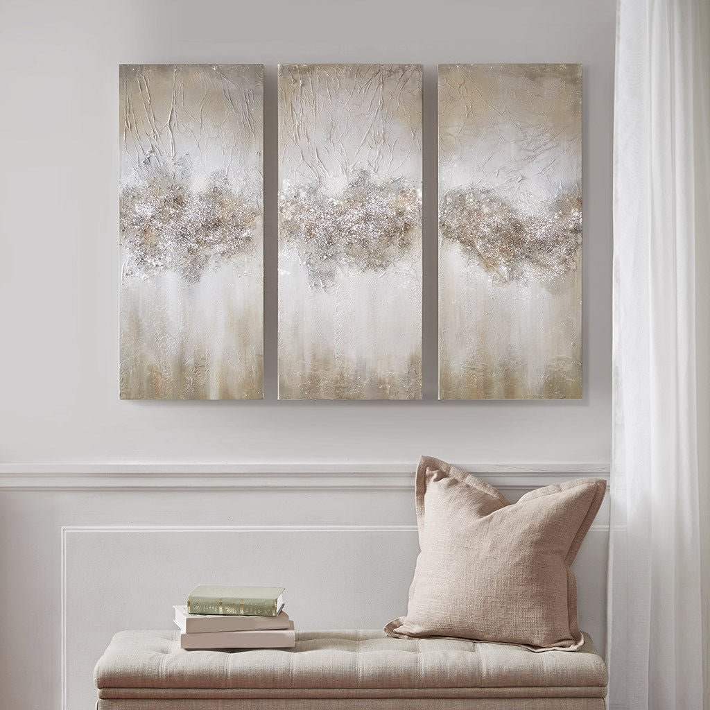 Heavily Embellished 3 Piece Canvas Wall Art Set Taupe Mdf