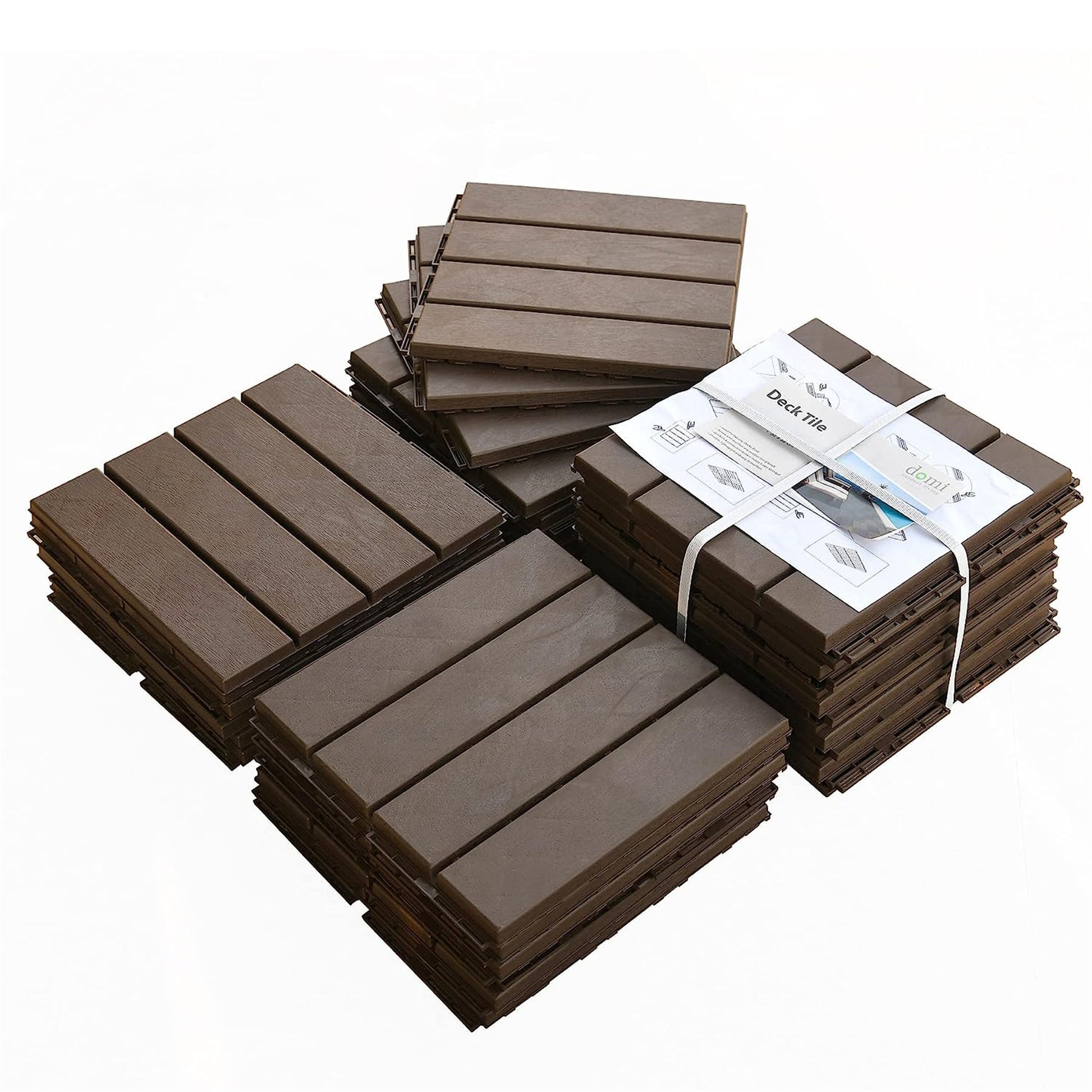 Patio Interlocking Deck Tiles, 12"X12" Square Composite Decking Tiles, Four Slat Plastic Outdoor Flooring Tile All Weather For Balcony Porch Backyard, Dark Brown, Pack Of 44 Brown Plastic