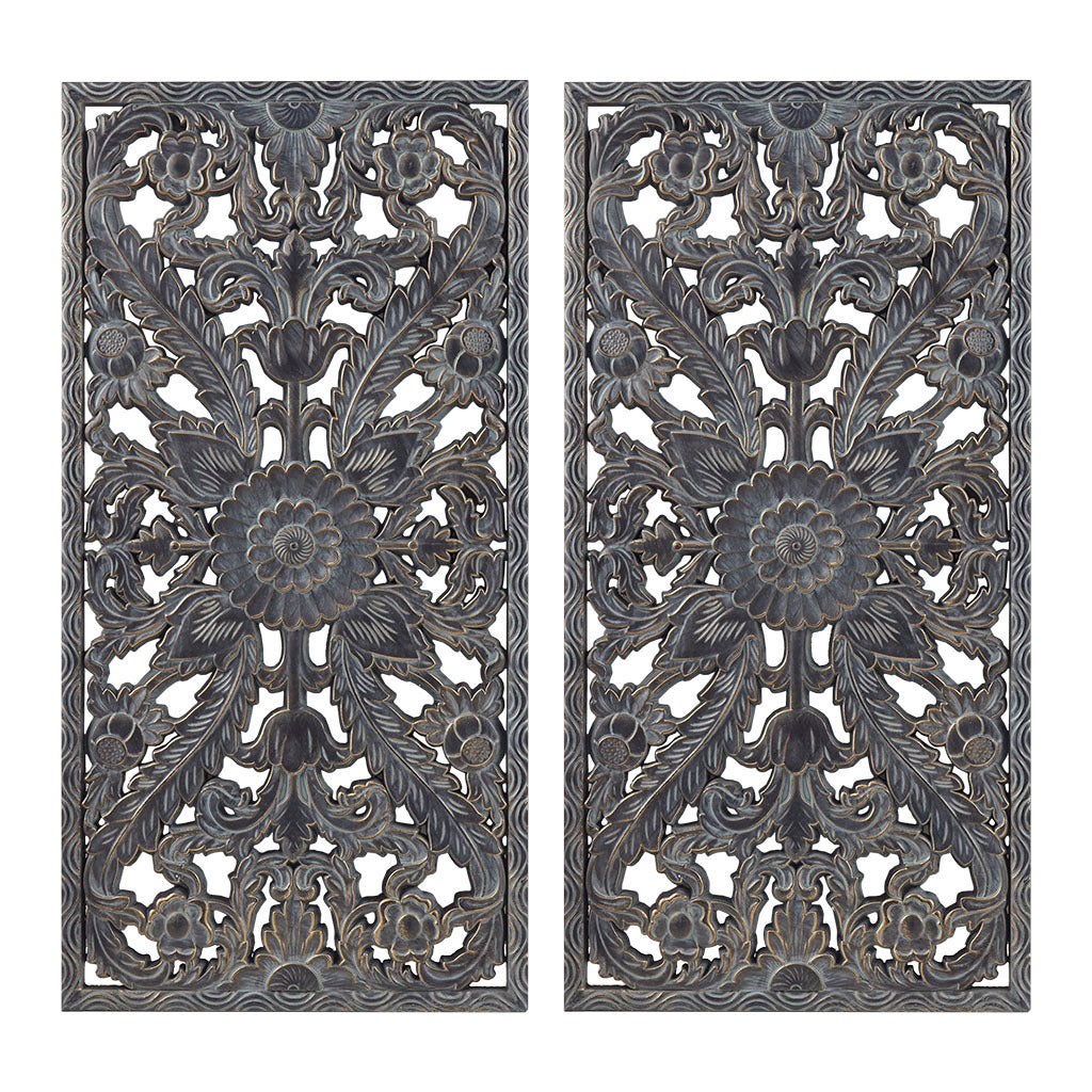 Distressed Carved Wood 2 Piece Wall Decor Set Antique Blue Mdf