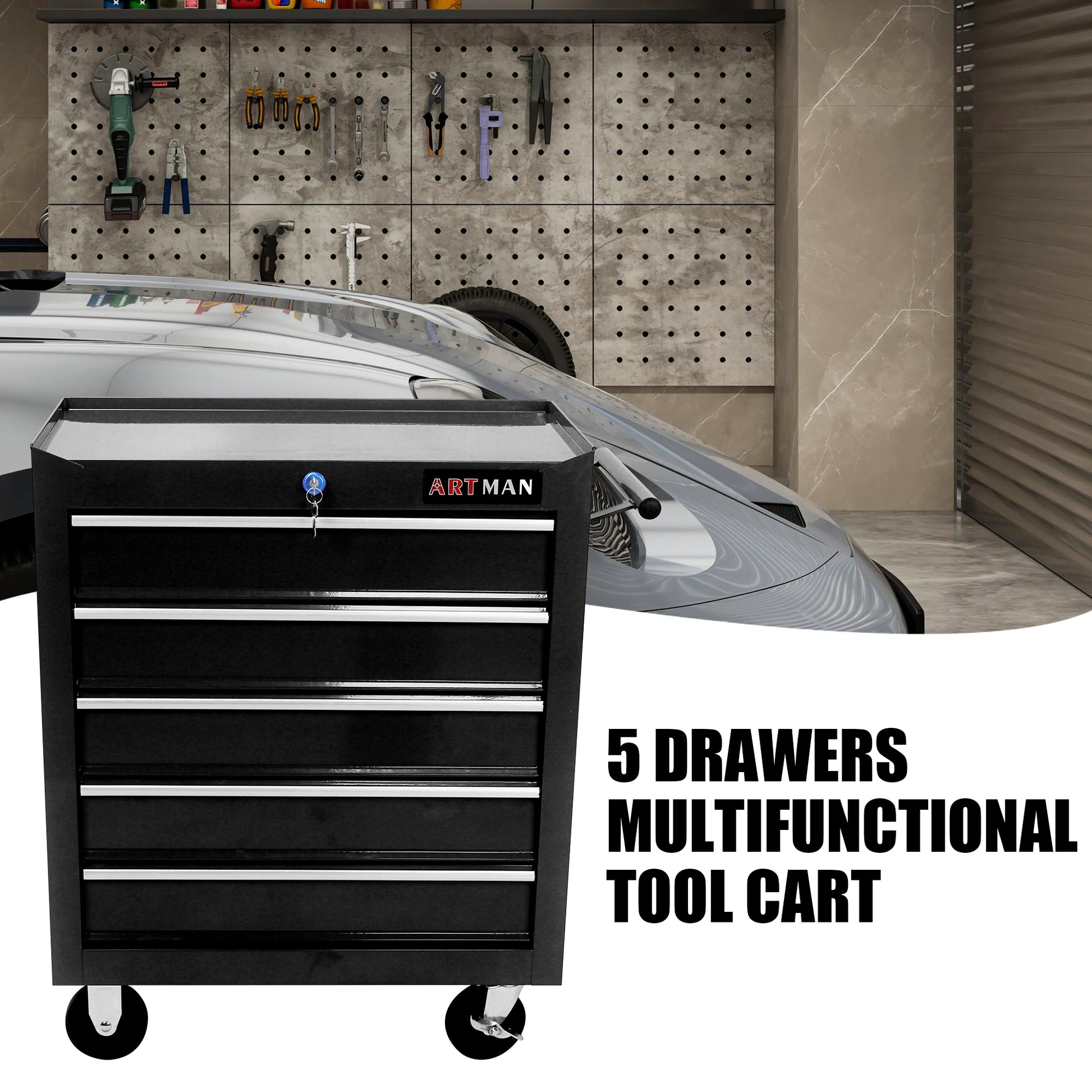 5 Drawers Multifunctional Tool Cart With Wheels Black Black Metal