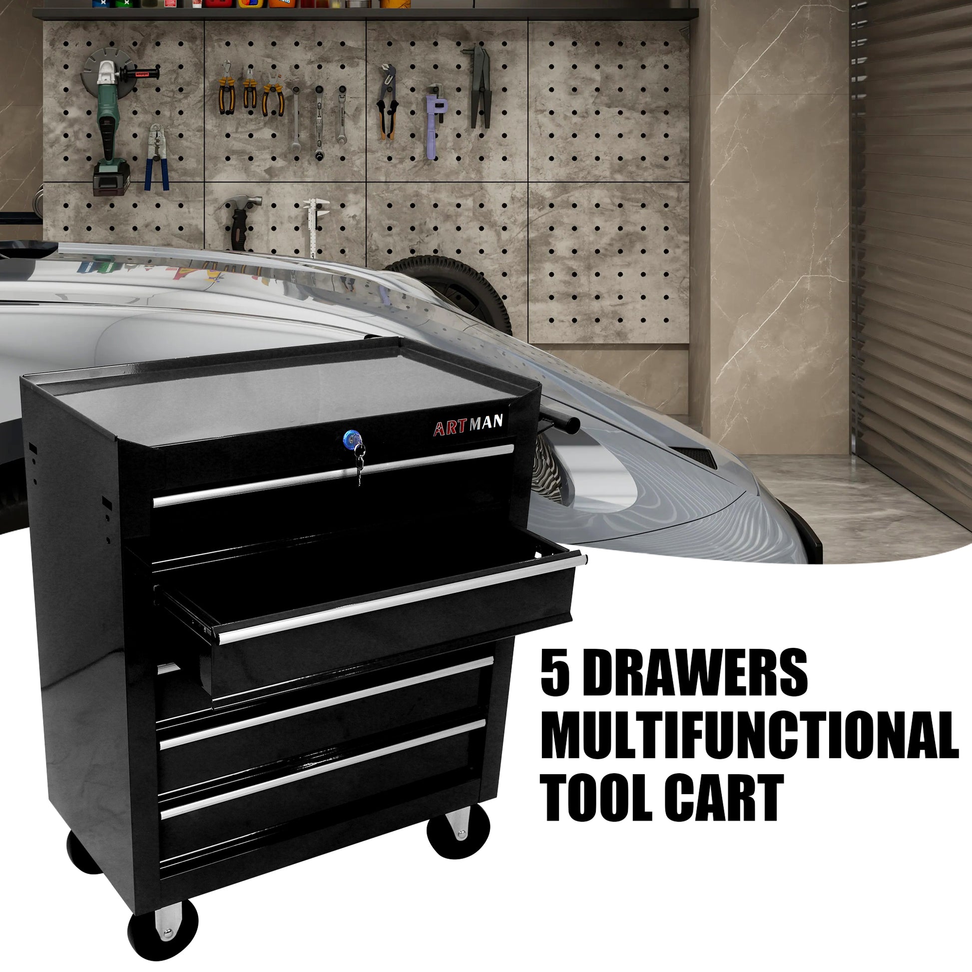5 Drawers Multifunctional Tool Cart With Wheels Black Black Metal
