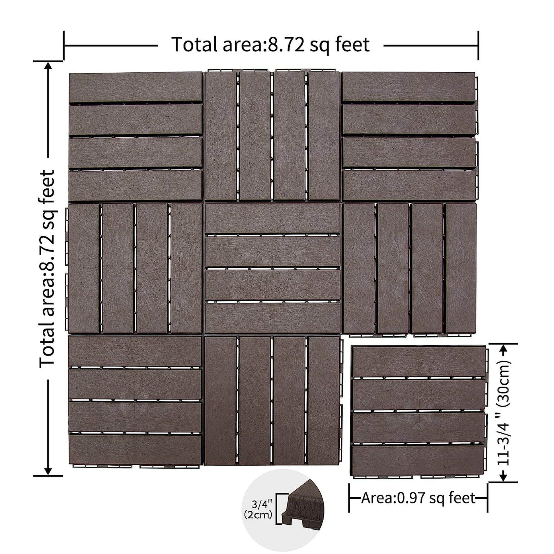 Patio Interlocking Deck Tiles, 12"X12" Square Composite Decking Tiles, Four Slat Plastic Outdoor Flooring Tile All Weather For Balcony Porch Backyard, Dark Brown, Pack Of 27 Brown Plastic