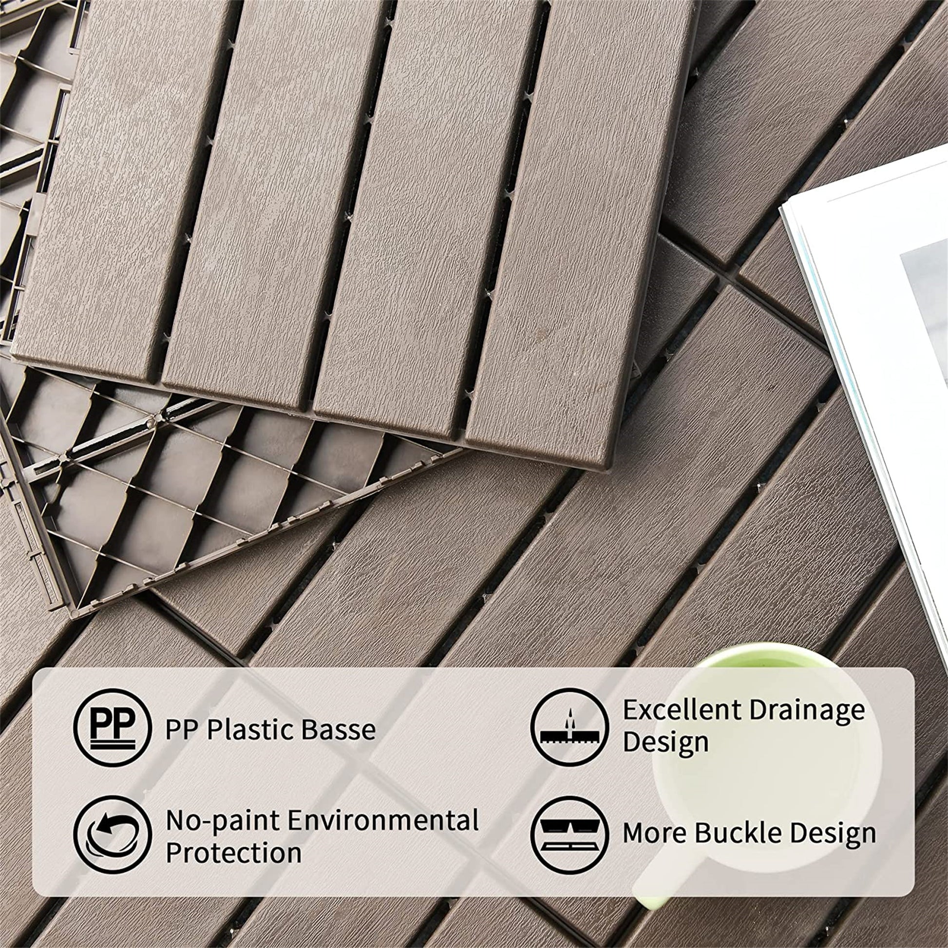 Patio Interlocking Deck Tiles, 12"X12" Square Composite Decking Tiles, Four Slat Plastic Outdoor Flooring Tile All Weather For Balcony Porch Backyard, Dark Brown, Pack Of 36 Brown Plastic
