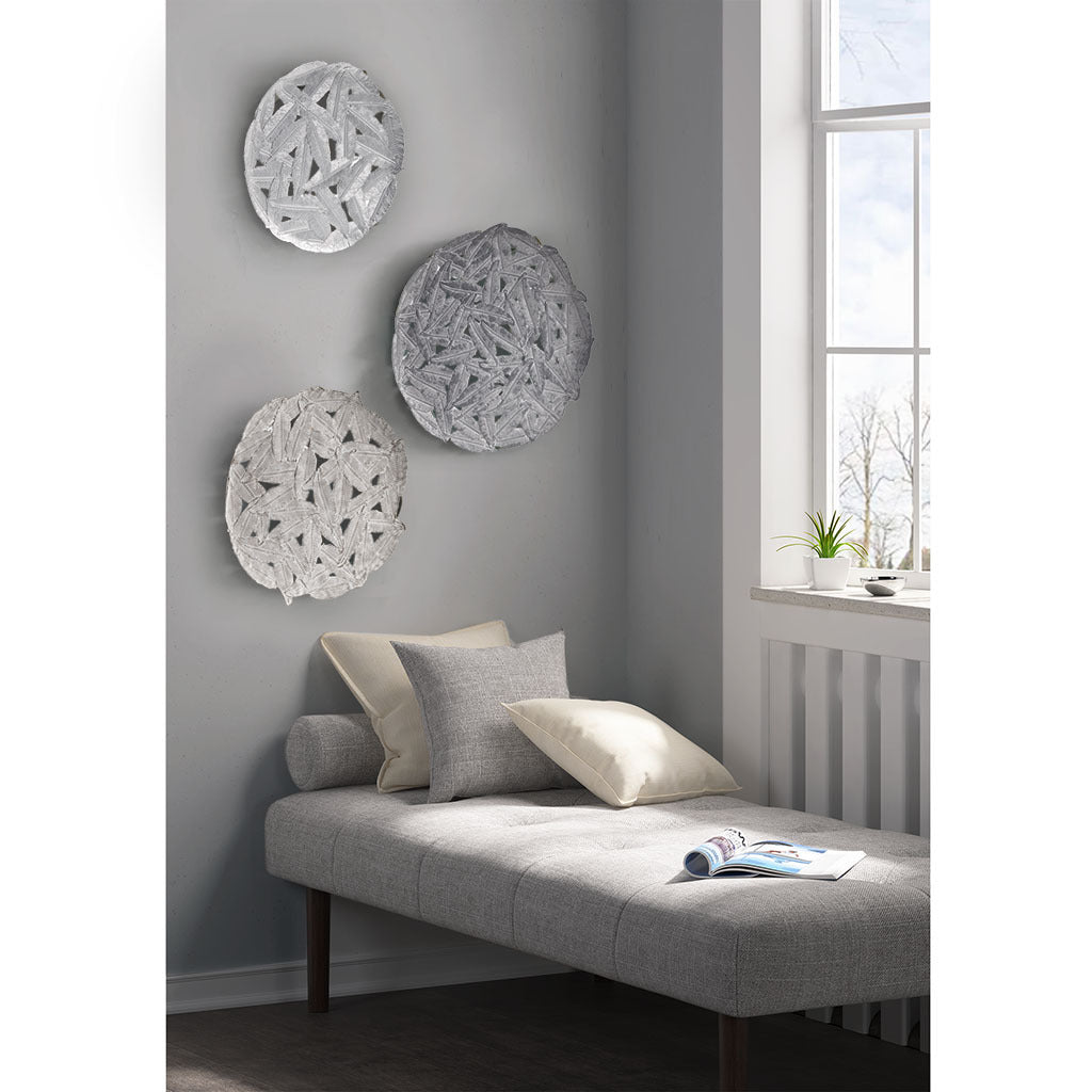 Textured Feather 3 Piece Metal Disc Wall Decor Set Grey Metal