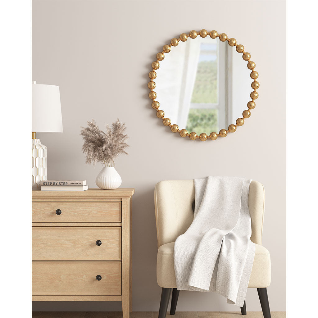 Beaded Round Wall Mirror 27"D Gold Mdf