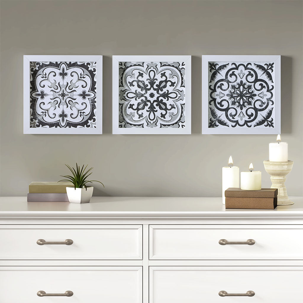 Distressed Black And White Medallion Tile 3 Piece Wall Decor Set White Black Mdf