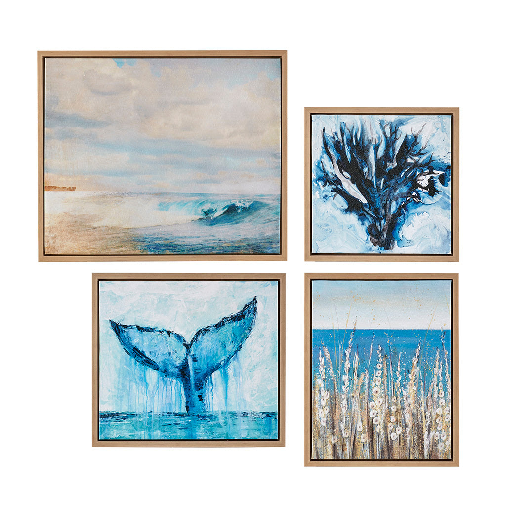 4 Piece Framed Canvas Wall Art Set Blue Mdf