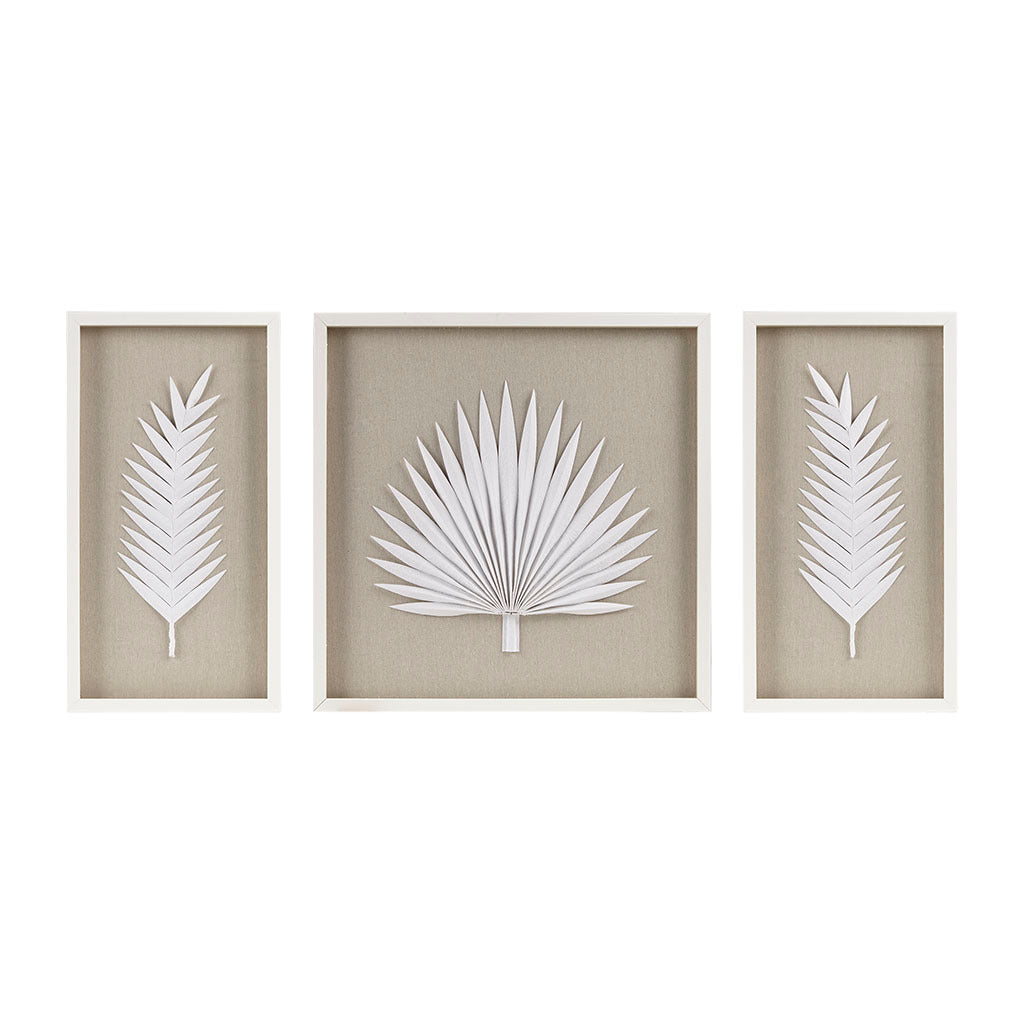 Framed Rice Paper Palm Leaves 3 Piece Shadowbox Wall Decor Set Off White Mdf