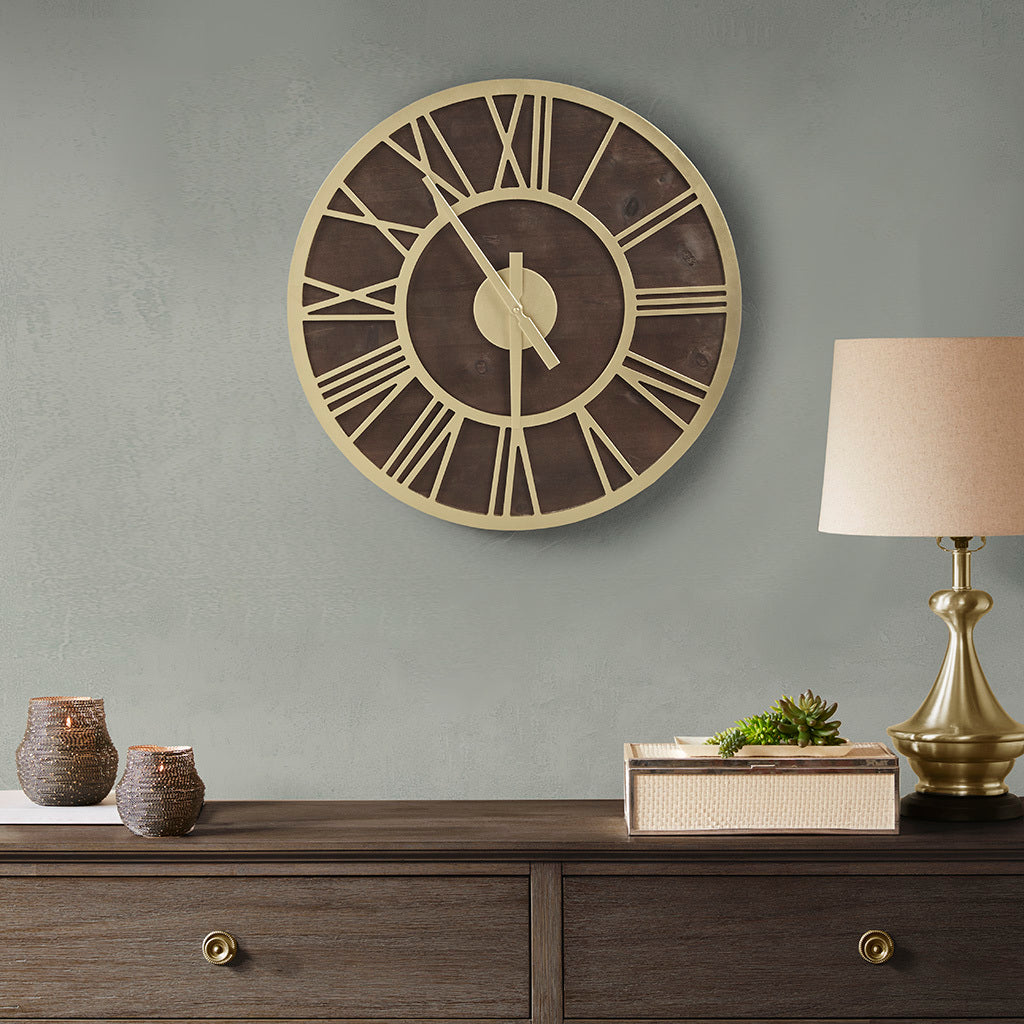 23.6" Wood Wall Clock Brown Gold Mdf