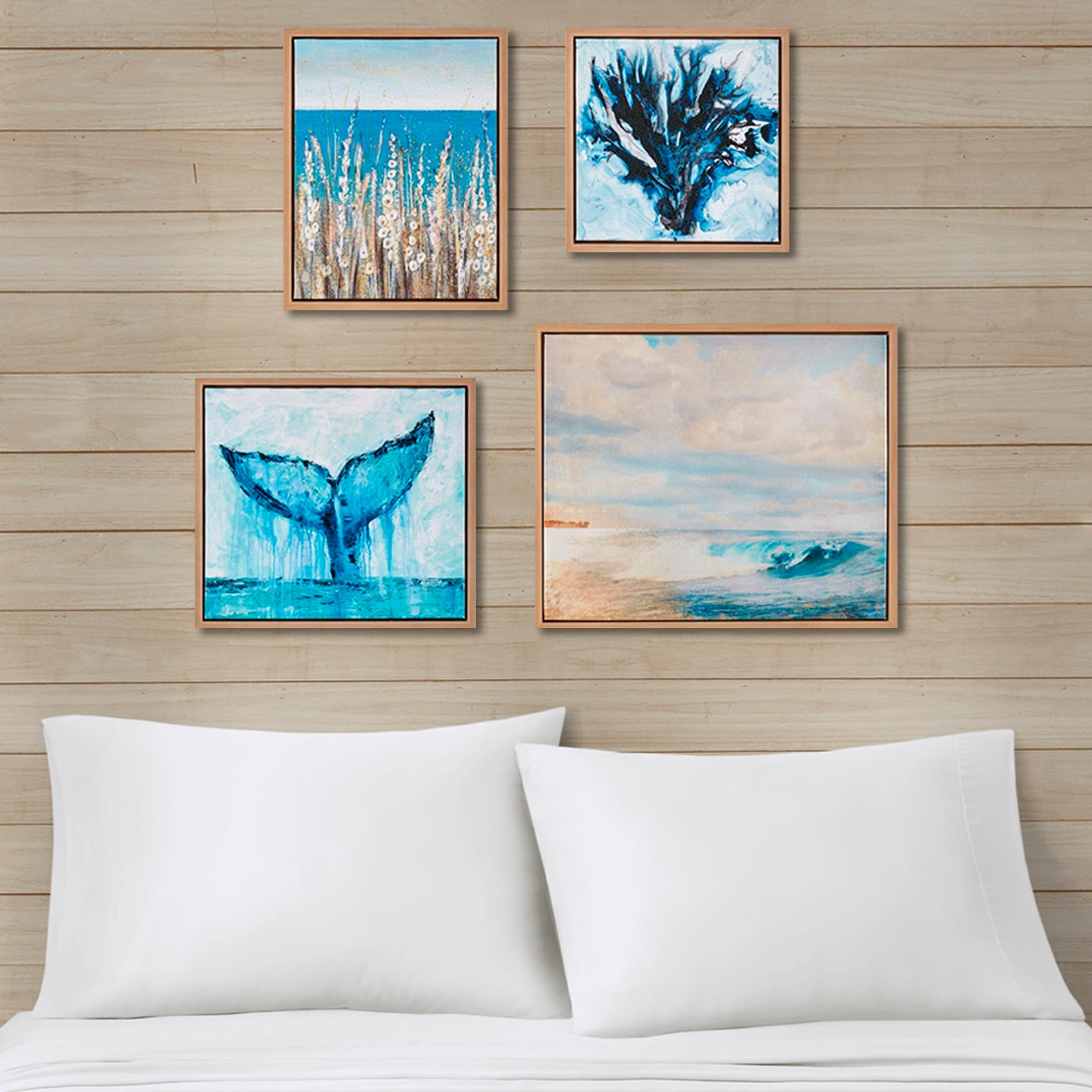 4 Piece Framed Canvas Wall Art Set Blue Mdf