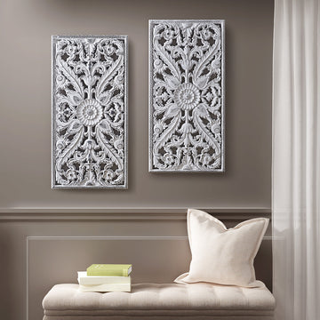 Distressed Carved Wood 2 Piece Wall Decor Set White Mdf