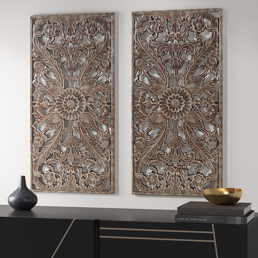 Distressed Carved Wood 2 Piece Wall Decor Set Bronze Mdf