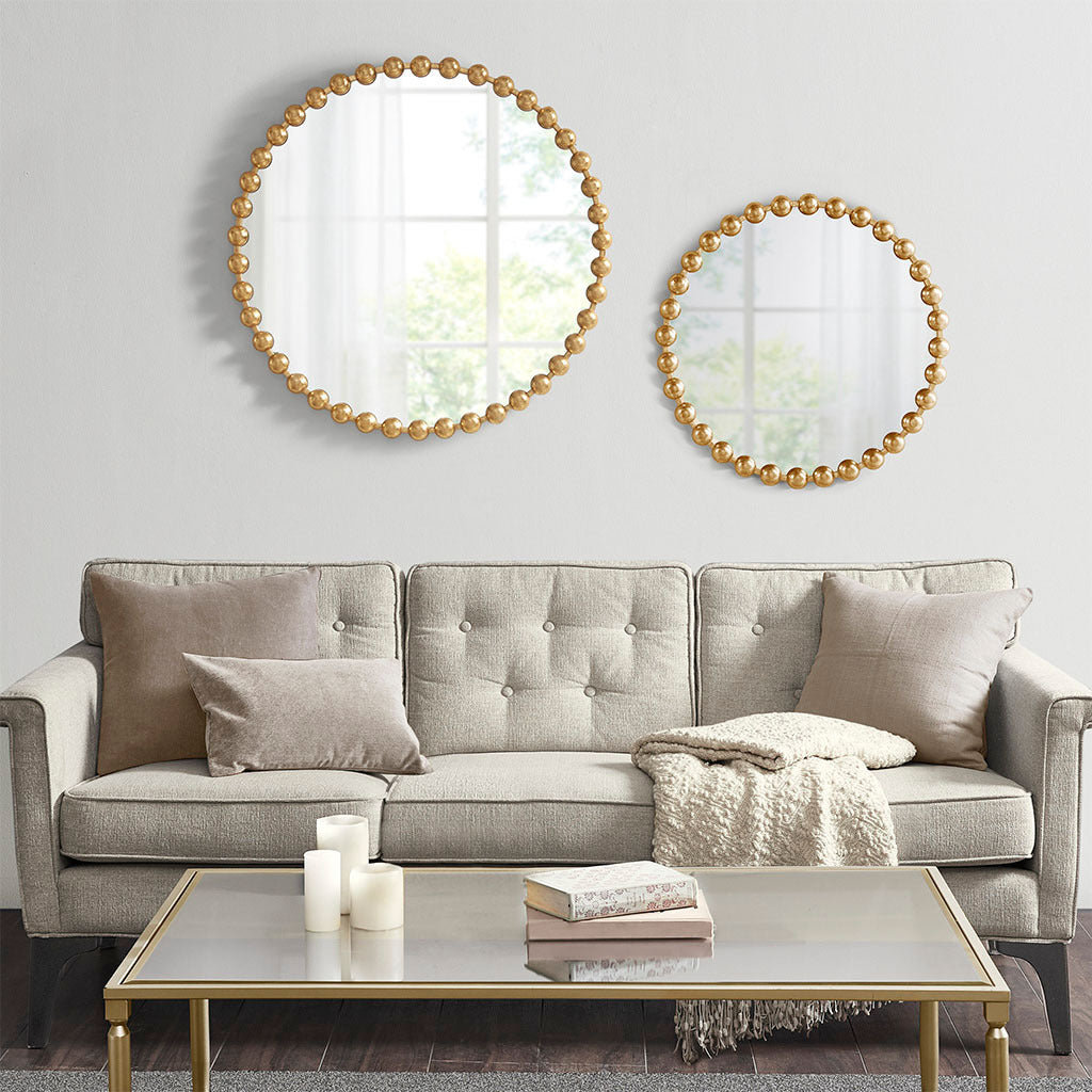 Beaded Round Wall Mirror 27"D Gold Mdf