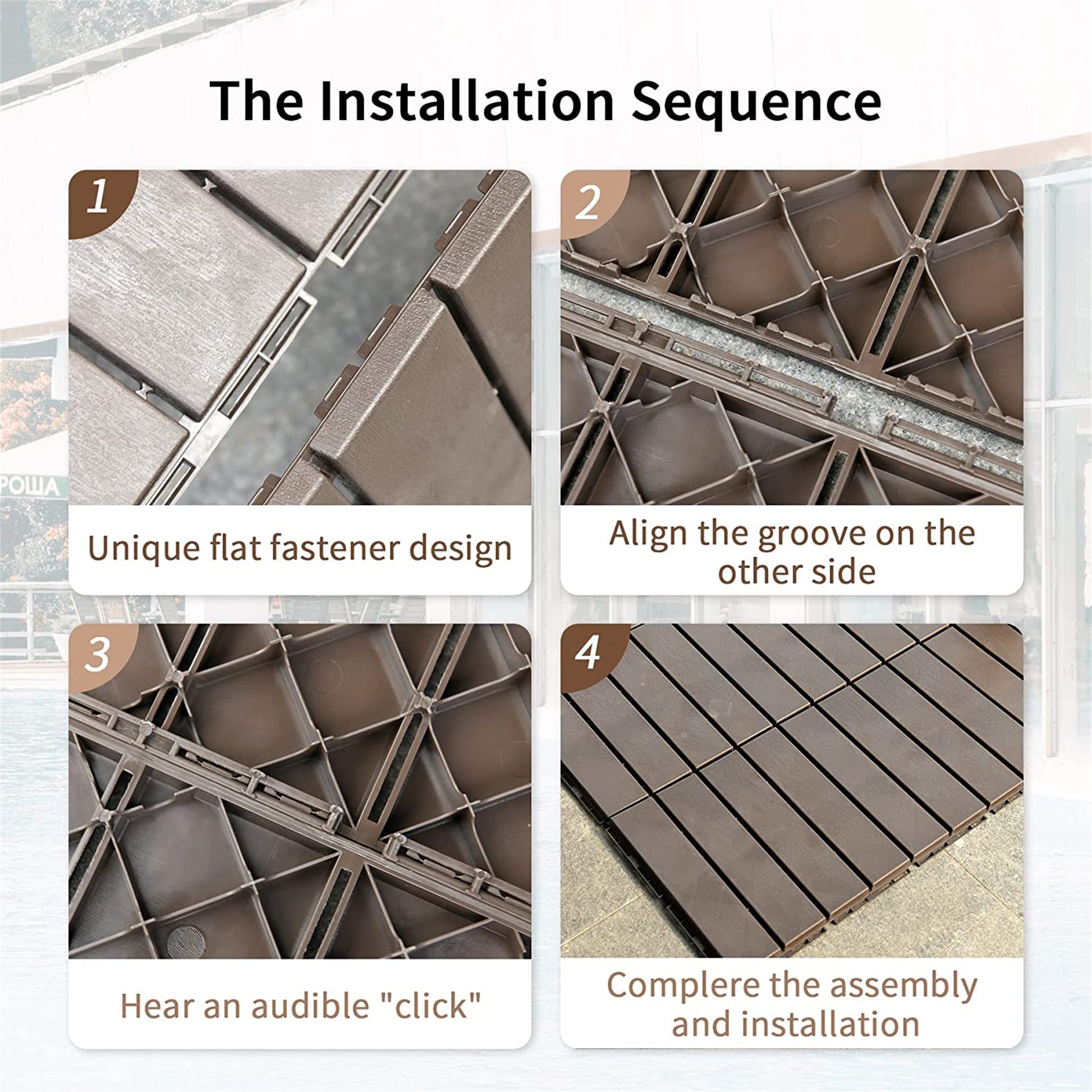 Patio Interlocking Deck Tiles, 12"X12" Square Composite Decking Tiles, Four Slat Plastic Outdoor Flooring Tile All Weather For Balcony Porch Backyard Dark Brown, Pack Of 9 Brown Plastic