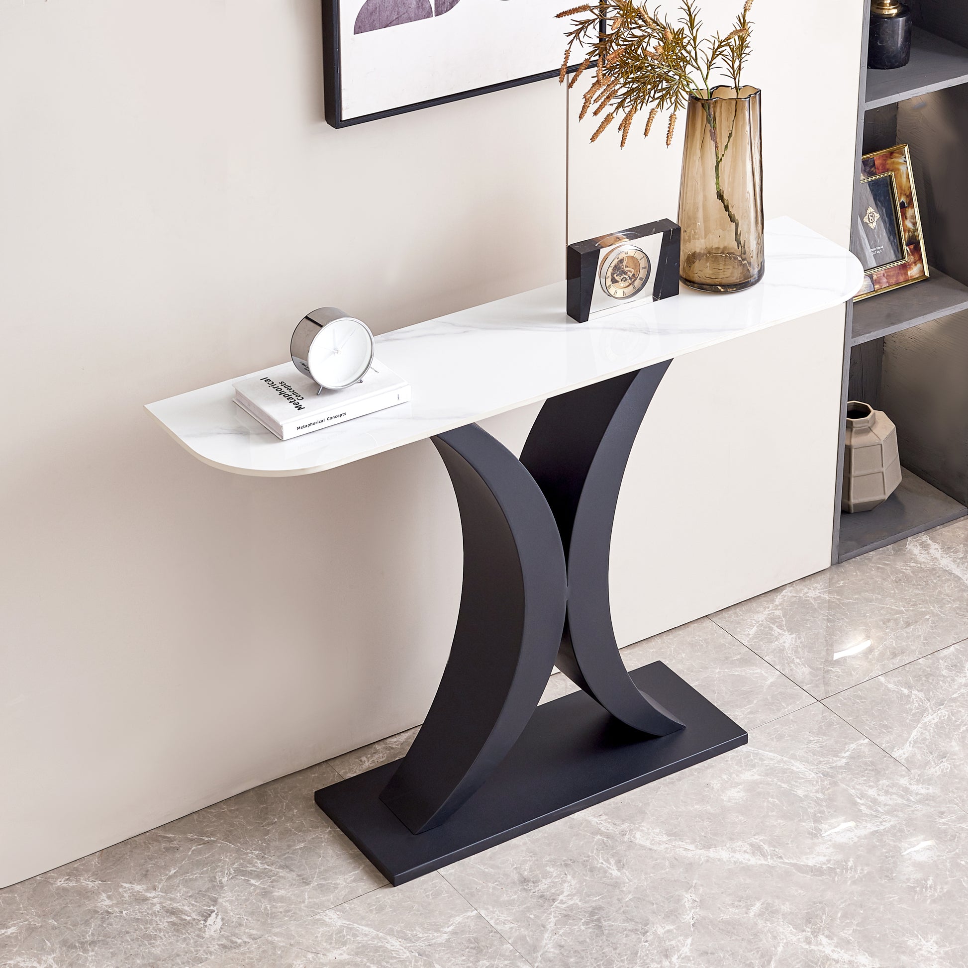 Modern Console Table, Exquisite Shape Design, Metal Frame With Adjustable Foot Pads For Entrance, Corridor, Living Room & Office. Black Black Steel