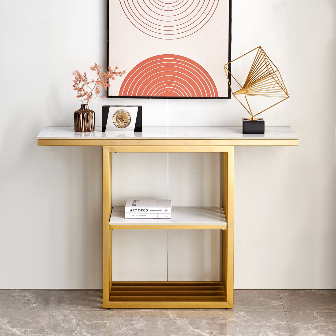 Modern Console Table, Metal Frame With Adjustable Foot Pads For Entrance, Corridor, Living Room & Office. Gold Gold Steel