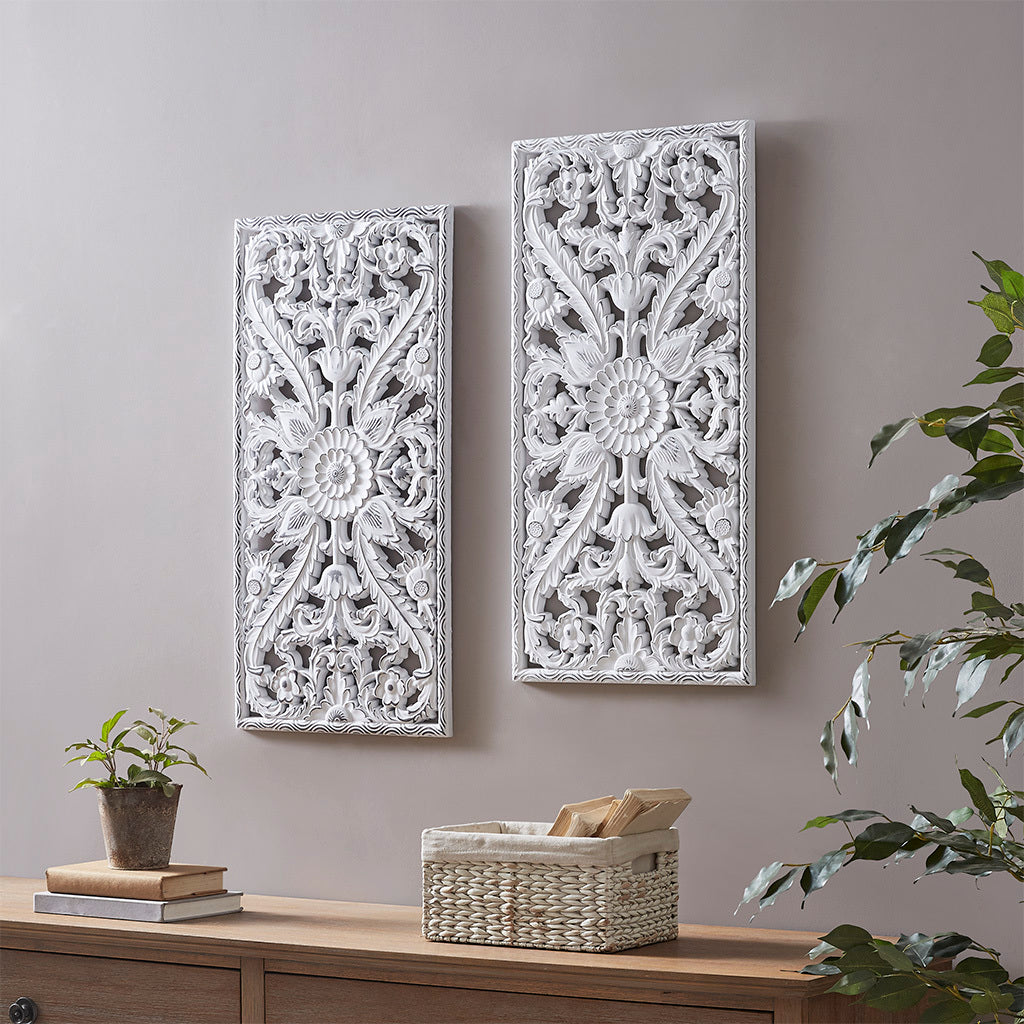 Distressed Carved Wood 2 Piece Wall Decor Set White Mdf