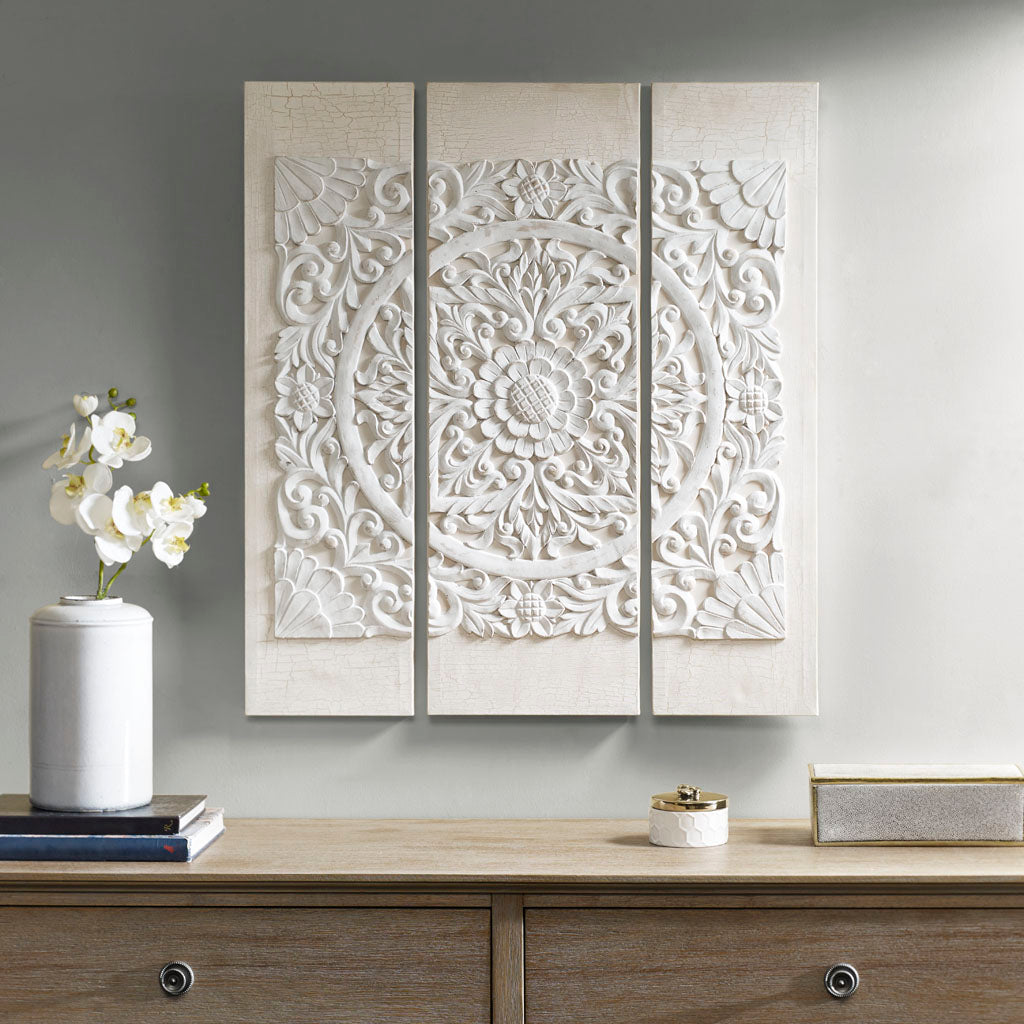 Triptych 3 Piece Dimensional Resin Canvas Wall Art Set Off White Wood