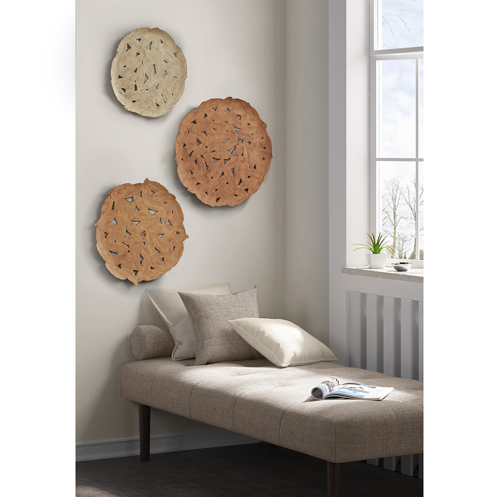 Textured Feather 3 Piece Metal Disc Wall Decor Set Spice Metal