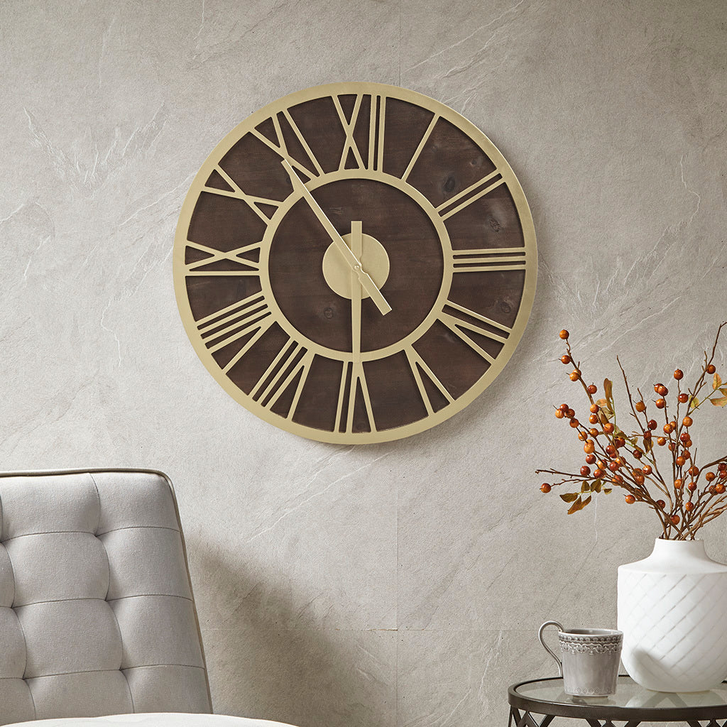 23.6" Wood Wall Clock Brown Gold Mdf