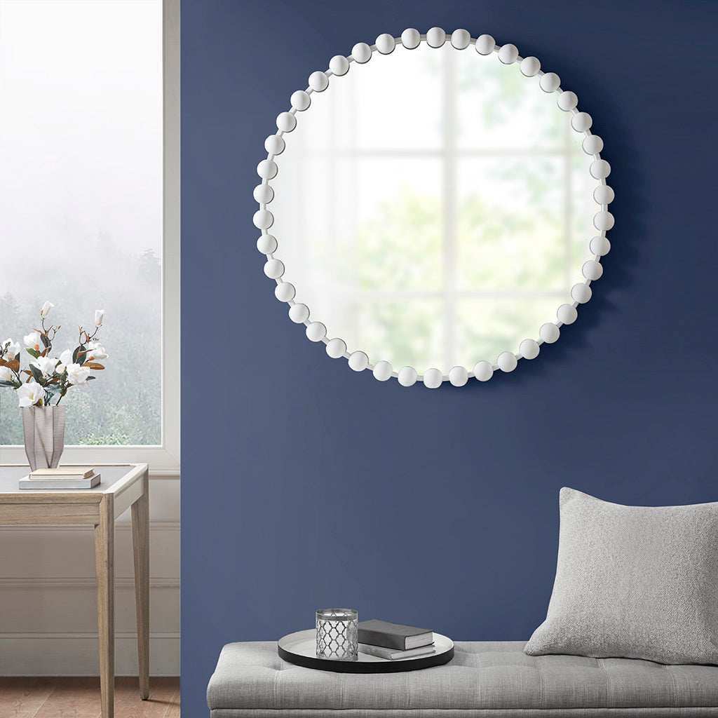 Beaded Round Wall Mirror 36"D White Mdf