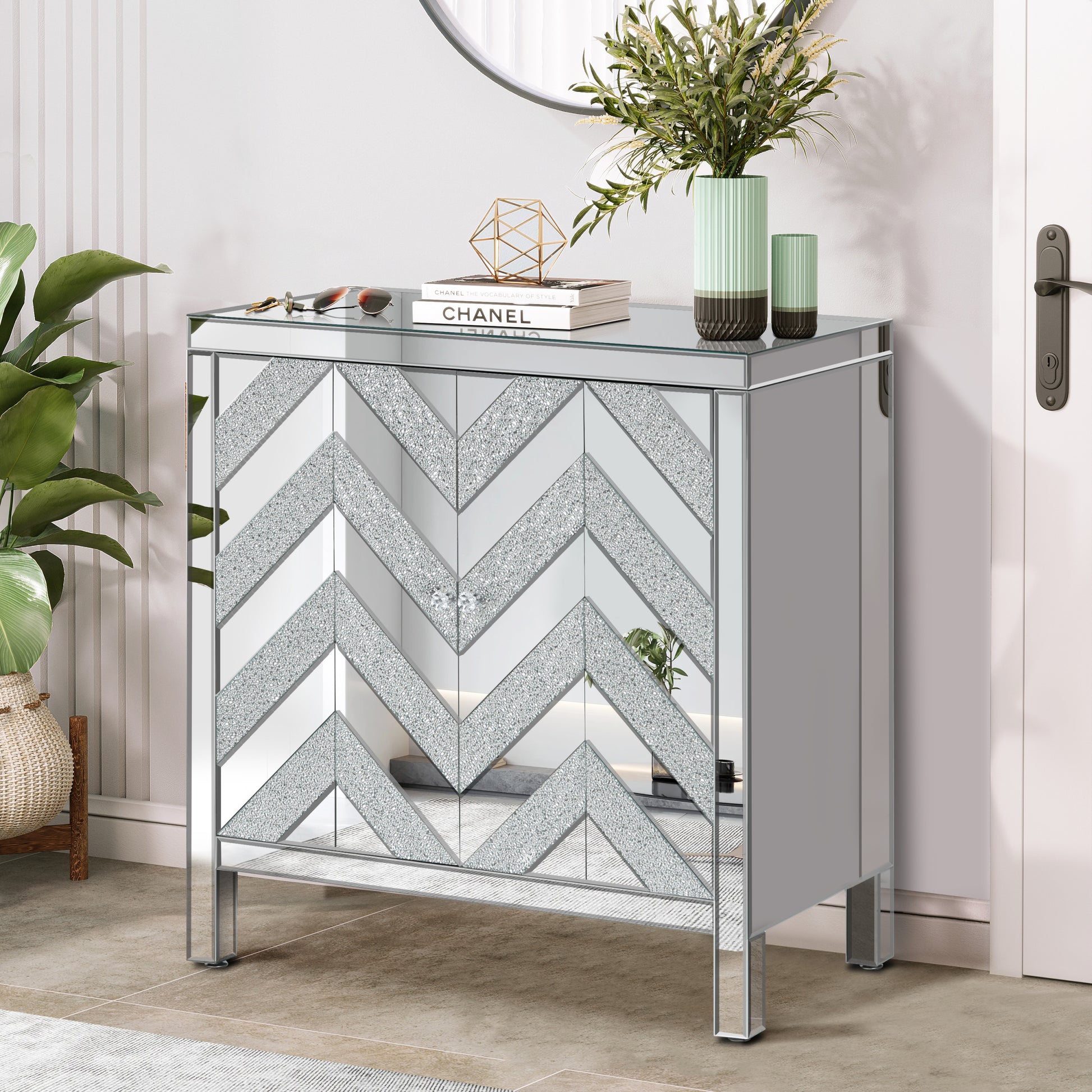 Storage Cabinet With Mirror Trim And M Shape Design Spliced Combination For Living Room, Dining Room, Entryway, Kitchen Silver Grey Mdf Glass