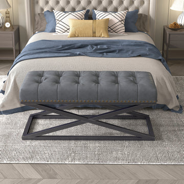 44" Retro Metal Base With Vintage Vegan Leather Bed Bench Dark Grey Dark Grey Foam Technical Leather