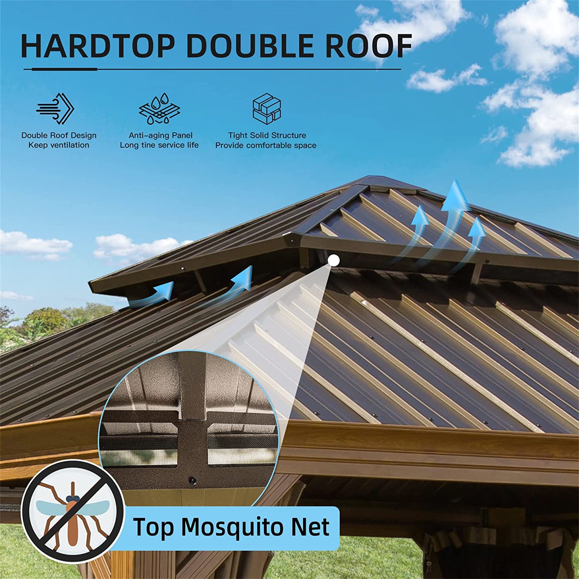 12'X12' Hardtop Gazebo, Wooden Coated Aluminum Frame Canopy With Galvanized Steel Double Roof, Outdoor Permanent Metal Pavilion With Curtains And Netting For Patio, Deck And Lawn Wood Looking Yellow Brown Aluminium