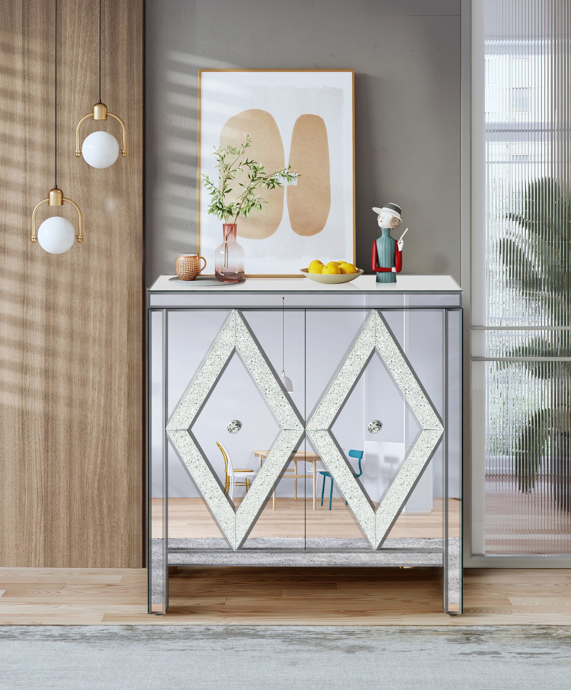 Storage Cabinet With Mirror Trim And Diamond Shape Design Spliced Combination For Living Room, Dining Room, Entryway, Kitchen Silver Mdf Glass