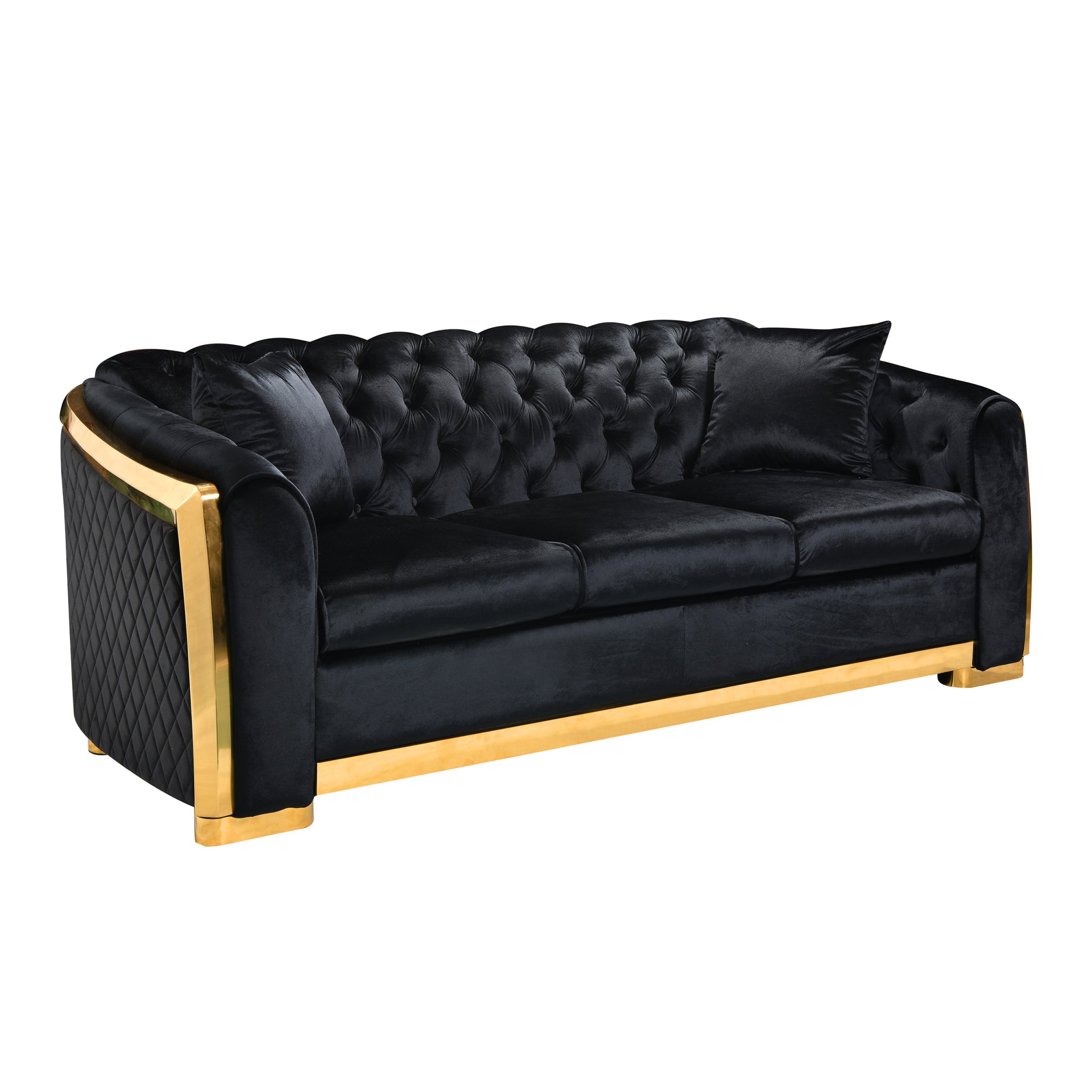 Velvet Luxury Chesterfield Sofa Set, 84 Inches Tufted 3 Seat Couch With Gold Stainless For Living Room, Black Fabric Black Velvet Wood Primary Living Space Medium Soft Tufted Back European Rolled Arms Foam Wood Stainless Steel 3 Seat