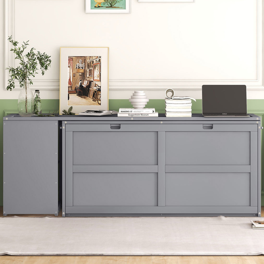 Queen Size Murphy Bed With Rotable Desk, Gray Box Spring Not Required Queen Gray Wood Bedroom Pine Bed Frame Solid Wood Mdf