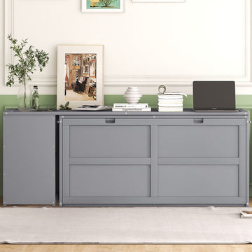 Queen Size Murphy Bed With Rotable Desk, Gray Box Spring Not Required Queen Gray Wood Bedroom Pine Bed Frame Solid Wood Mdf