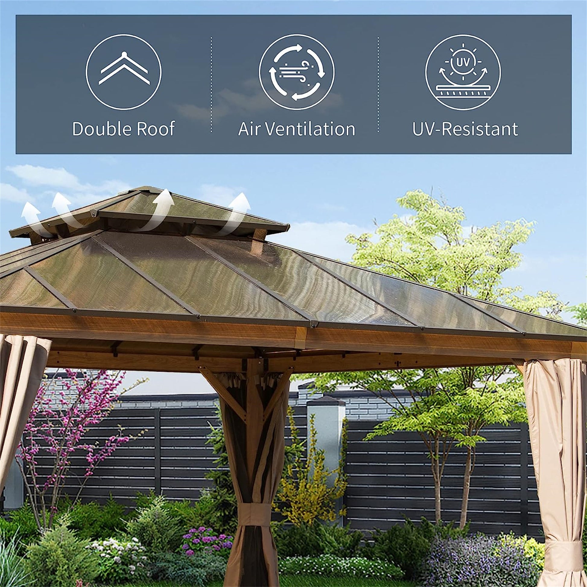 12'X12' Hardtop Gazebo, Permanent Outdoor Gazebo With Polycarbonate Double Roof, Aluminum Gazebo Pavilion With Curtain And Net For Garden, Patio, Lawns, Deck, Backyard Wood Looking Yellow Brown Aluminium