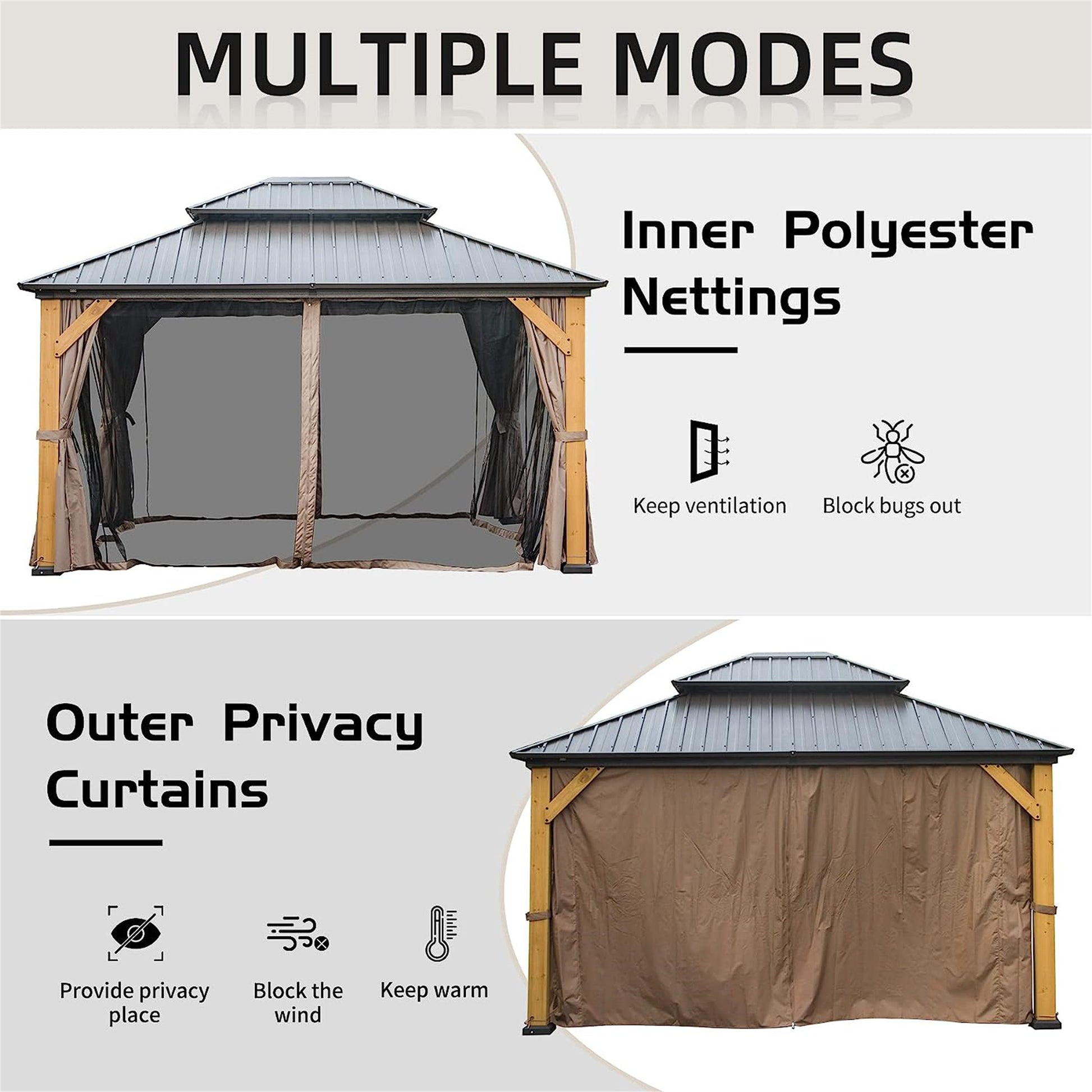 12'X14' Hardtop Gazebo, Outdoor Cedar Wood Frame Canopy With Galvanized Steel Double Roof, Outdoor Permanent Metal Pavilion With Curtains And Netting For Patio, Backyard And Lawn Brown Brown Metal & Wood