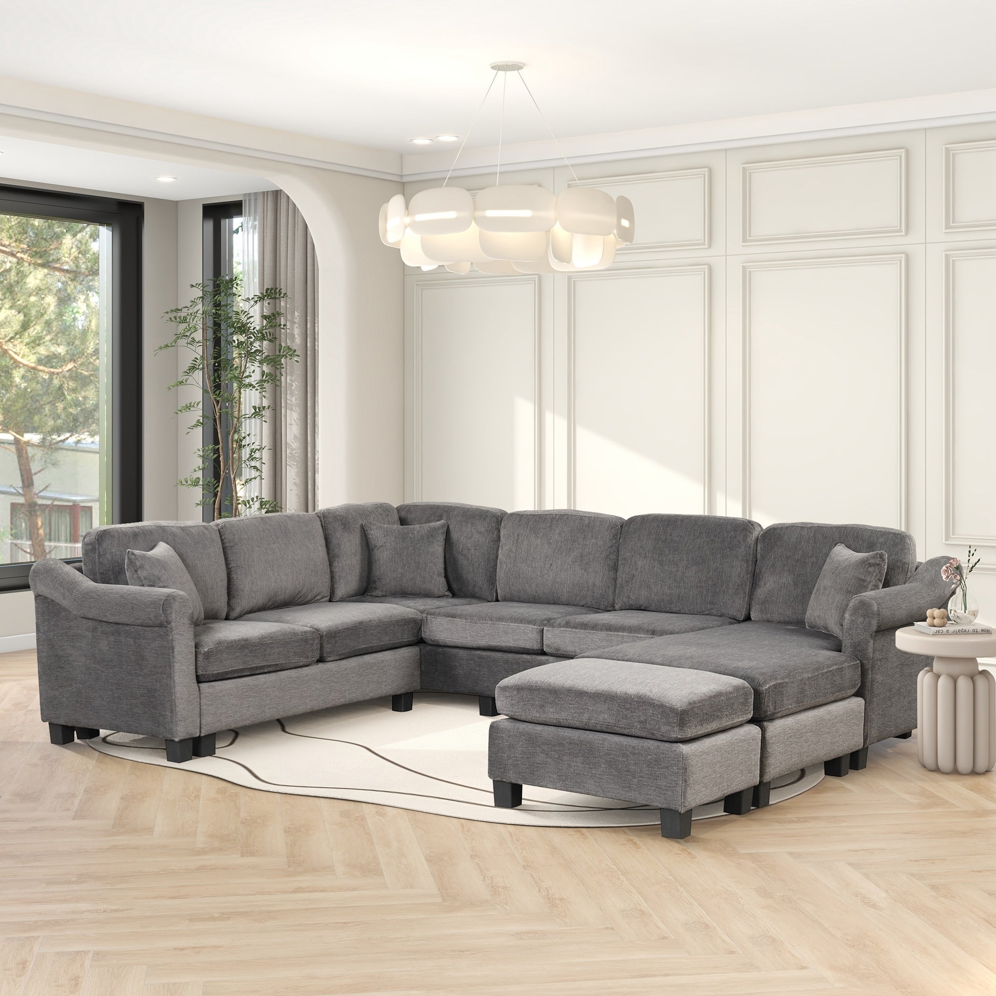 122.1" *91.3" 4Pcs Sectional Sofa With Ottoman With Right Side Chaise Velvet Fabric Dark Gray Dark Grey Foam Velvet