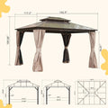 10'X12' Hardtop Gazebo, Permanent Outdoor Gazebo With Polycarbonate Double Roof, Aluminum Gazebo Pavilion With Curtain And Net For Garden, Patio, Lawns, Deck, Backyard Brown Brown Aluminium